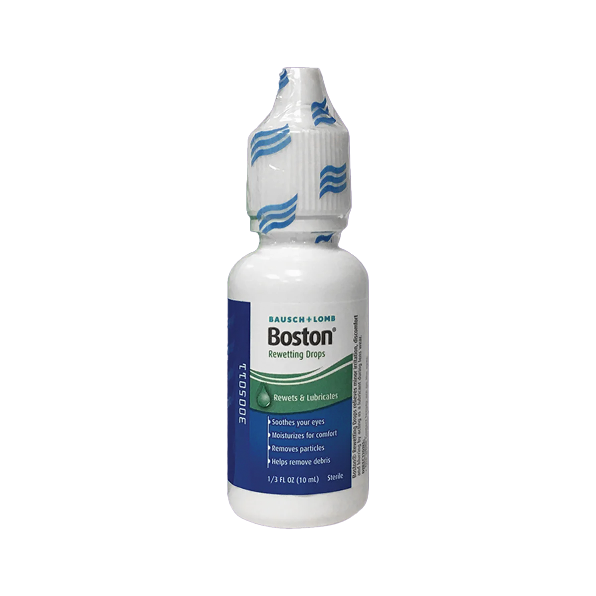 The image shows Bausch + Lombs Boston Rewetting Eye Drops for Gas Permeable Contact Lenses, 0.33 fl oz, in a white bottle with a blue label and cap featuring wavy designs, formulated to improve lens wettability.