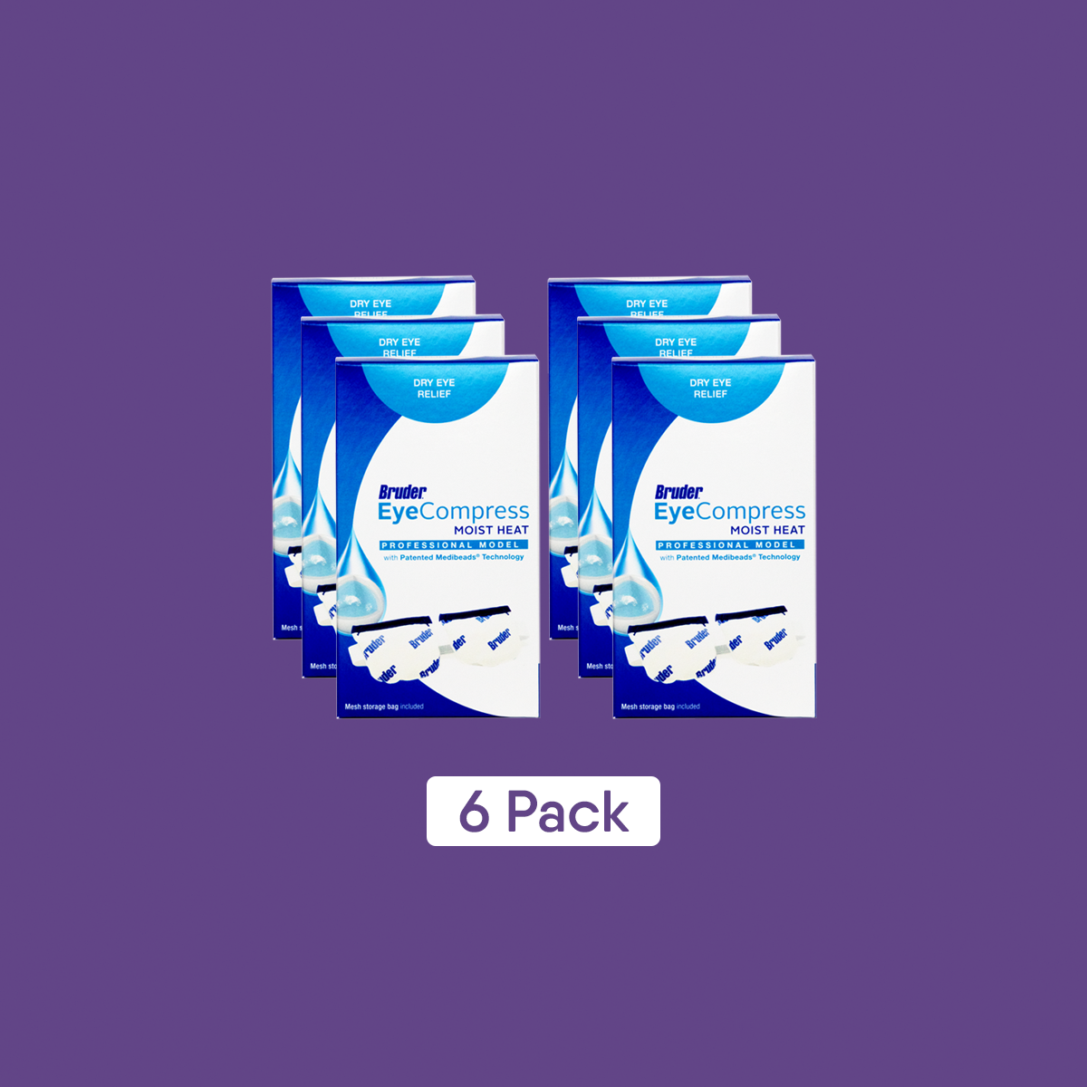 Six boxes of Bruder Eye Compress Moist Heat Professional Model for Dry Eyes (6-Pack with Display) are set against a purple background.