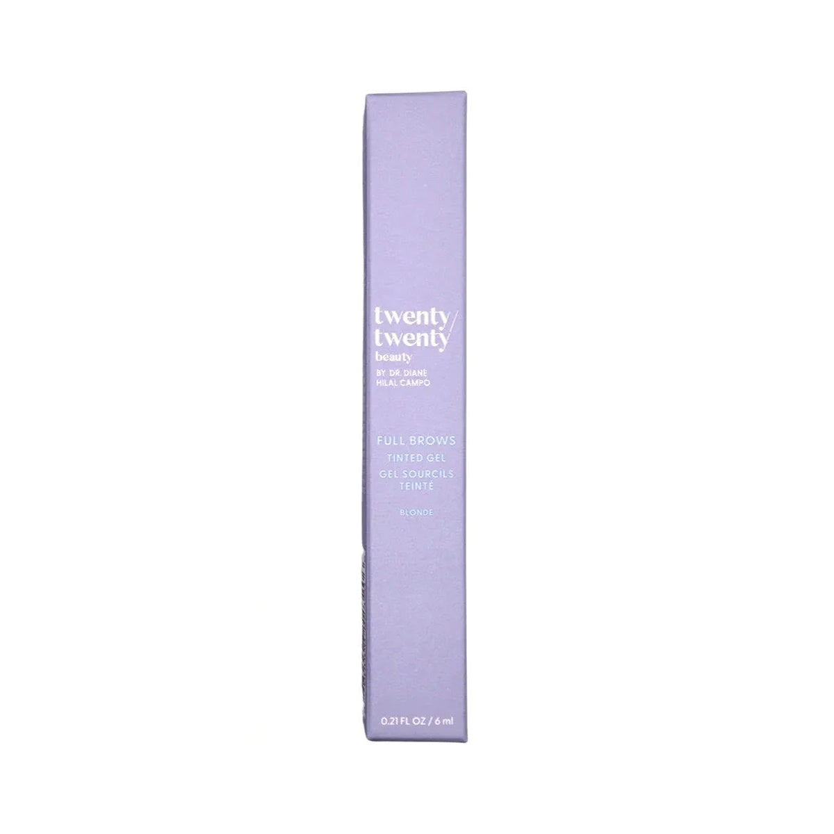 A tall purple box with Twenty/Twenty Beauty by Dr. Diane Hilal-Campo in white text reads Full Brows Tinted Gel labeled Blonde. Featuring a vegan, cruelty-free formula for fuller eyebrows, the box is slightly open at the top.