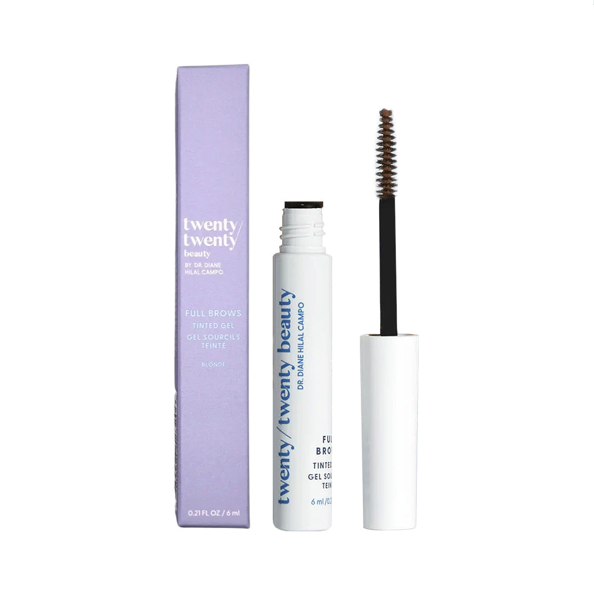 A white tube of Twenty Twenty Full Brows Tinted Gel for Fuller Eyebrows stands upright beside its purple packaging, with the wand extended to show the applicator brush. Both the vegan and cruelty-free tube and box feature visible text.