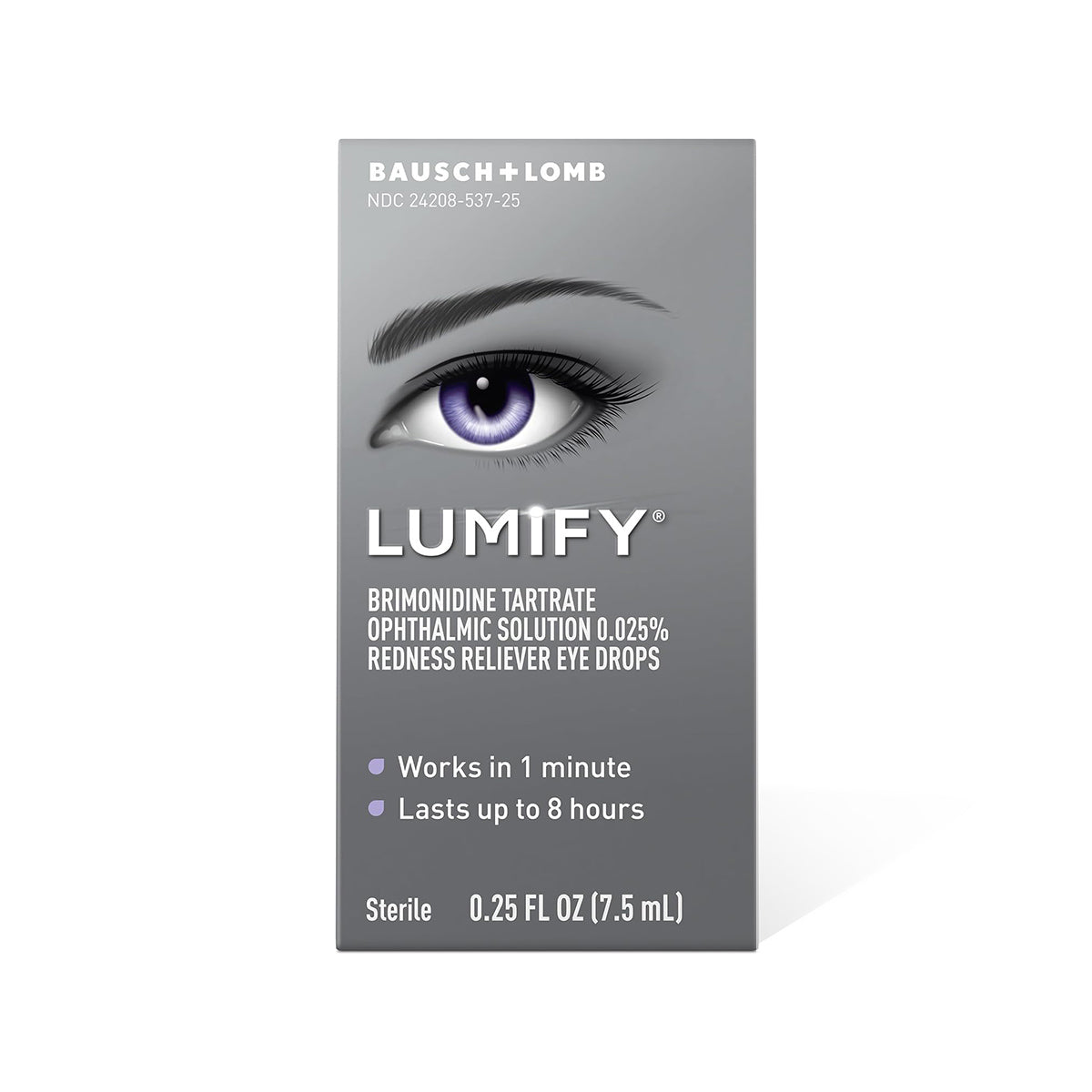 A gray box displays a purple eye illustration with the text: Bausch + Lomb Lumify Brimonidine Tartrate Ophthalmic Solution 0.025% Redness Reliever Eye Drops. It starts working in 1 minute and lasts up to 8 hours. Sterile, available in 2.5mL and 7.5mL sizes (1 & 3-month supplies).