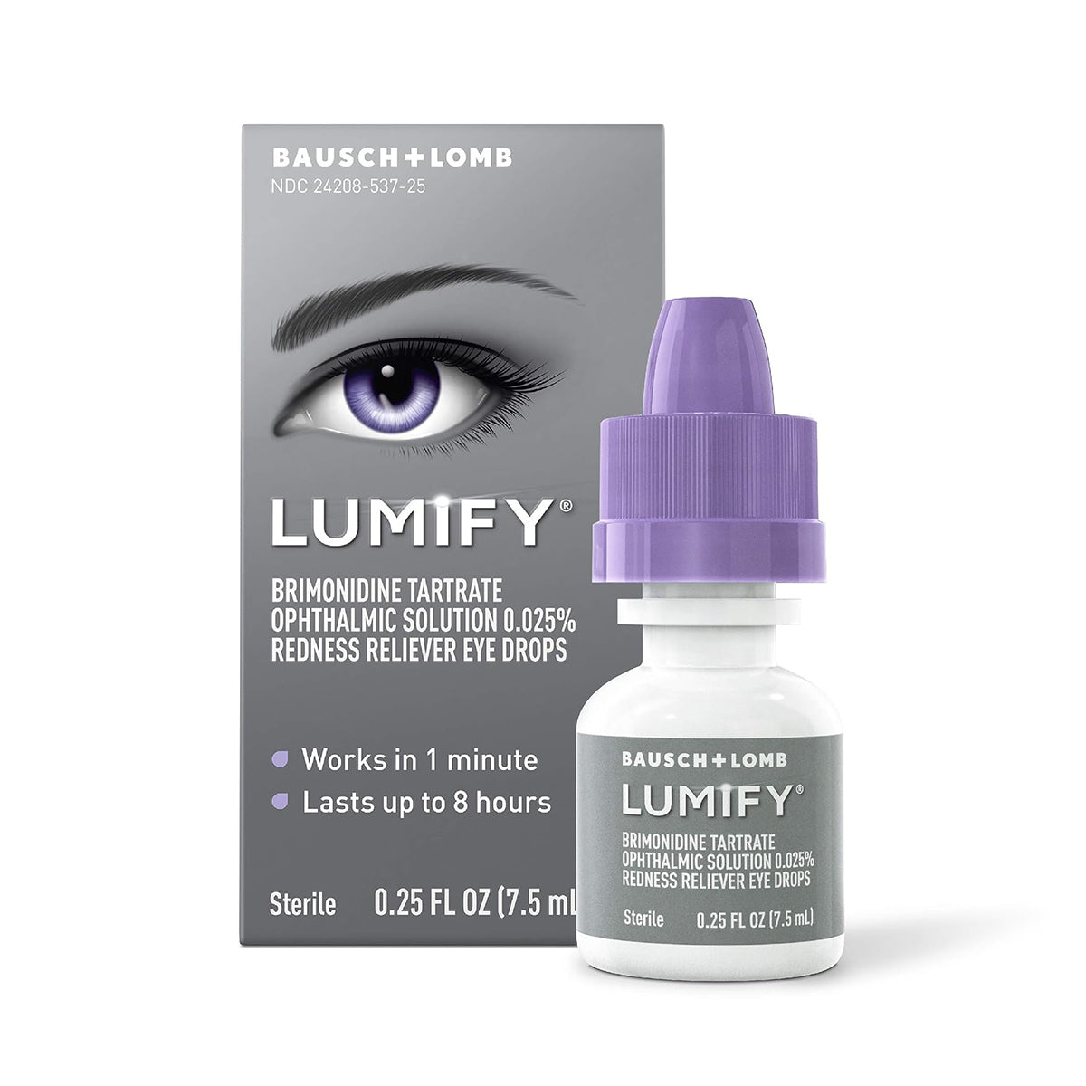 Image of a Lumify Eye Drops bottle with a purple cap, positioned in front of its packaging. The box features an eye illustration and emphasizes that it contains brimonidine by Bausch + Lomb to relieve redness in 1 minute, lasting up to 8 hours. Available in 2.5mL and 7.5mL sizes.