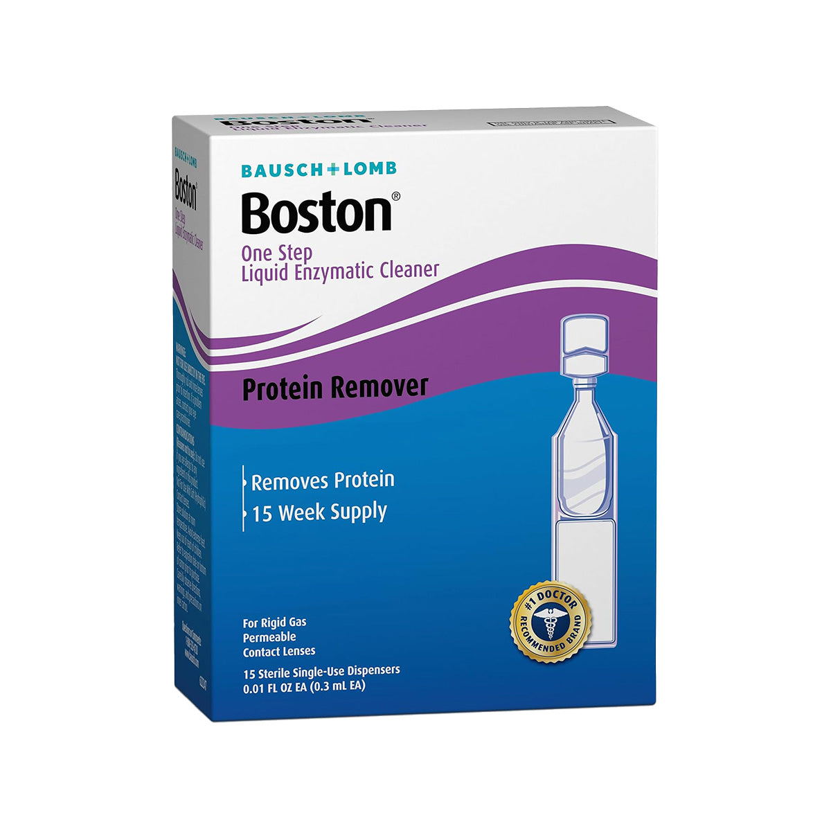 The Boston One Step Liquid Enzymatic Cleaner by Bausch + Lomb is a protein remover with 15 single-use dispensers. Ideal for maintaining rigid gas permeable lenses, the packaging features blue and purple accents and an image of a dispenser.