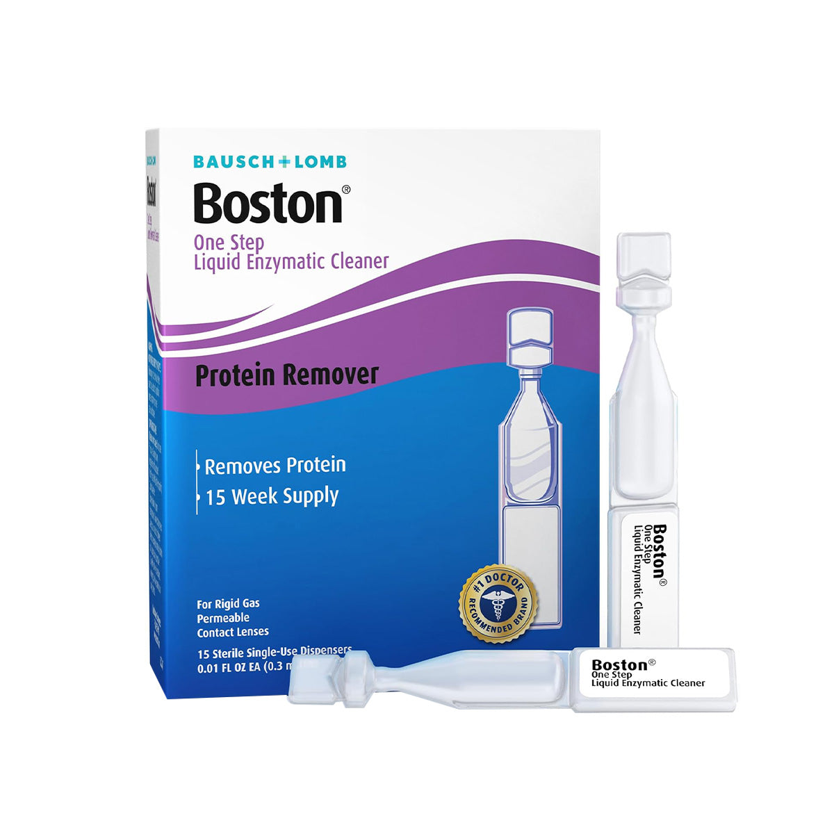 The Bausch + Lomb Boston One Step Liquid Enzymatic Cleaners packaging showcases its protein removal solution for rigid gas permeable lenses, labeled as a 15 week supply with an image of the vial on the box.