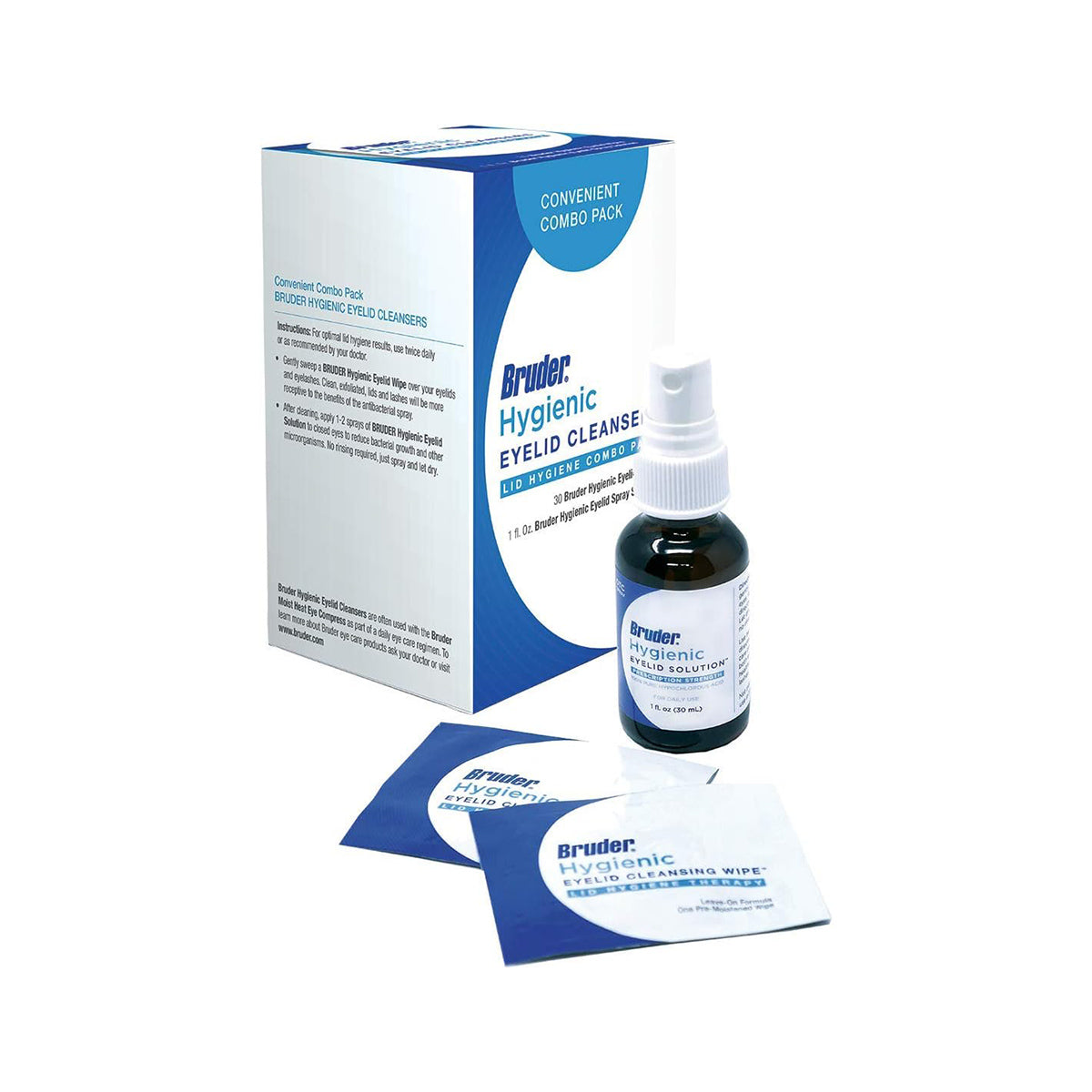 The Bruder Hygienic Eyelid Cleansers Combo Pack includes a spray enhanced with Hypochlorous Acid and individual wipes. Displayed on a white background, the spray is positioned before the box with two wipes nearby.