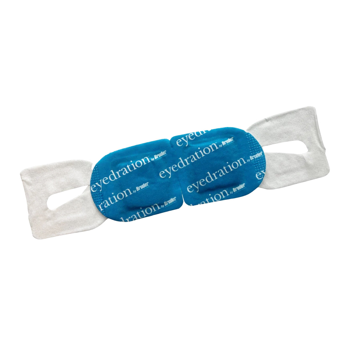 The Bruder Eyedration Air-Activated Steam Mask, a soothing blue gel eye mask for dry eyes relief, has the word Eyedration repeatedly printed and features white fabric straps on either side. Comes in a pack of 10.