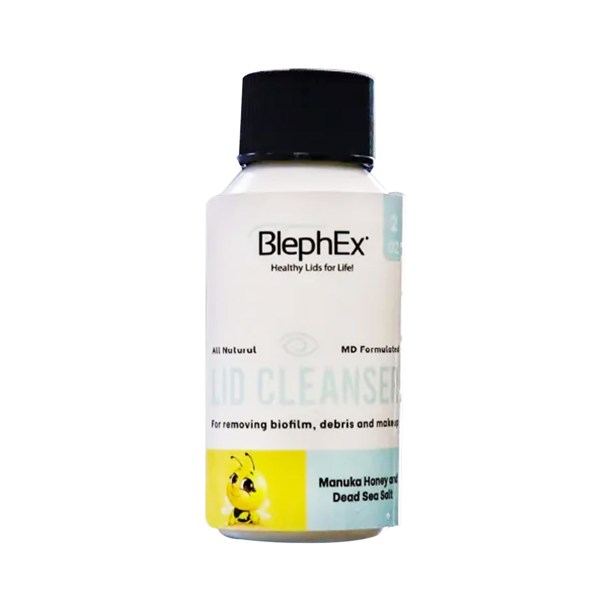 A white Blephex Lid Cleanser bottle features a black cap, All Natural, and MD Formulated text. A cartoon bee at the bottom highlights Manuka honey and Dead Sea salt benefits.