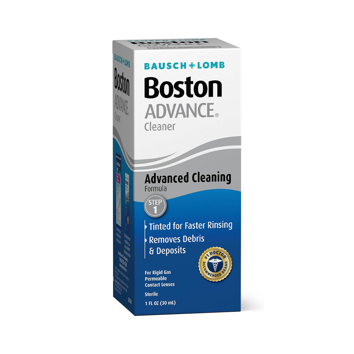 The Boston Advance Cleaner Solution by Bausch + Lomb comes in a blue and white package with a 1 fl oz bottle, featuring an advanced cleaning formula for hygienic and comfortable gas permeable contact lenses.