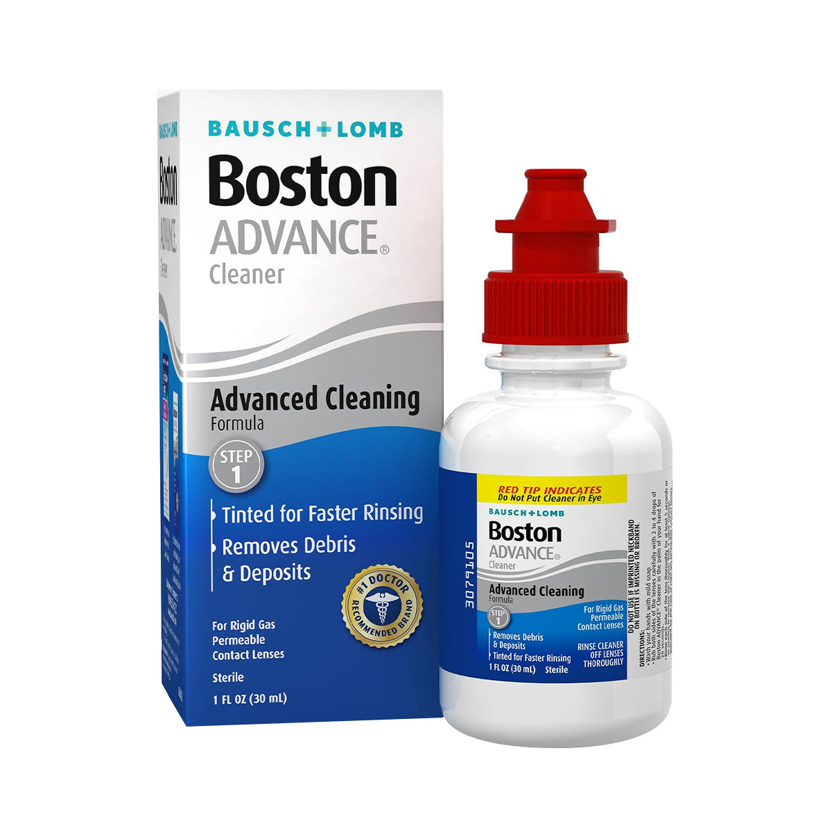 Boston Advance Cleaner Solution by Bausch & Lomb comes in a blue and white box emphasizing its Advanced Cleaning Formula. The 1 Fl Oz bottle with a red cap efficiently removes debris and lipid deposits from gas permeable contact lenses.