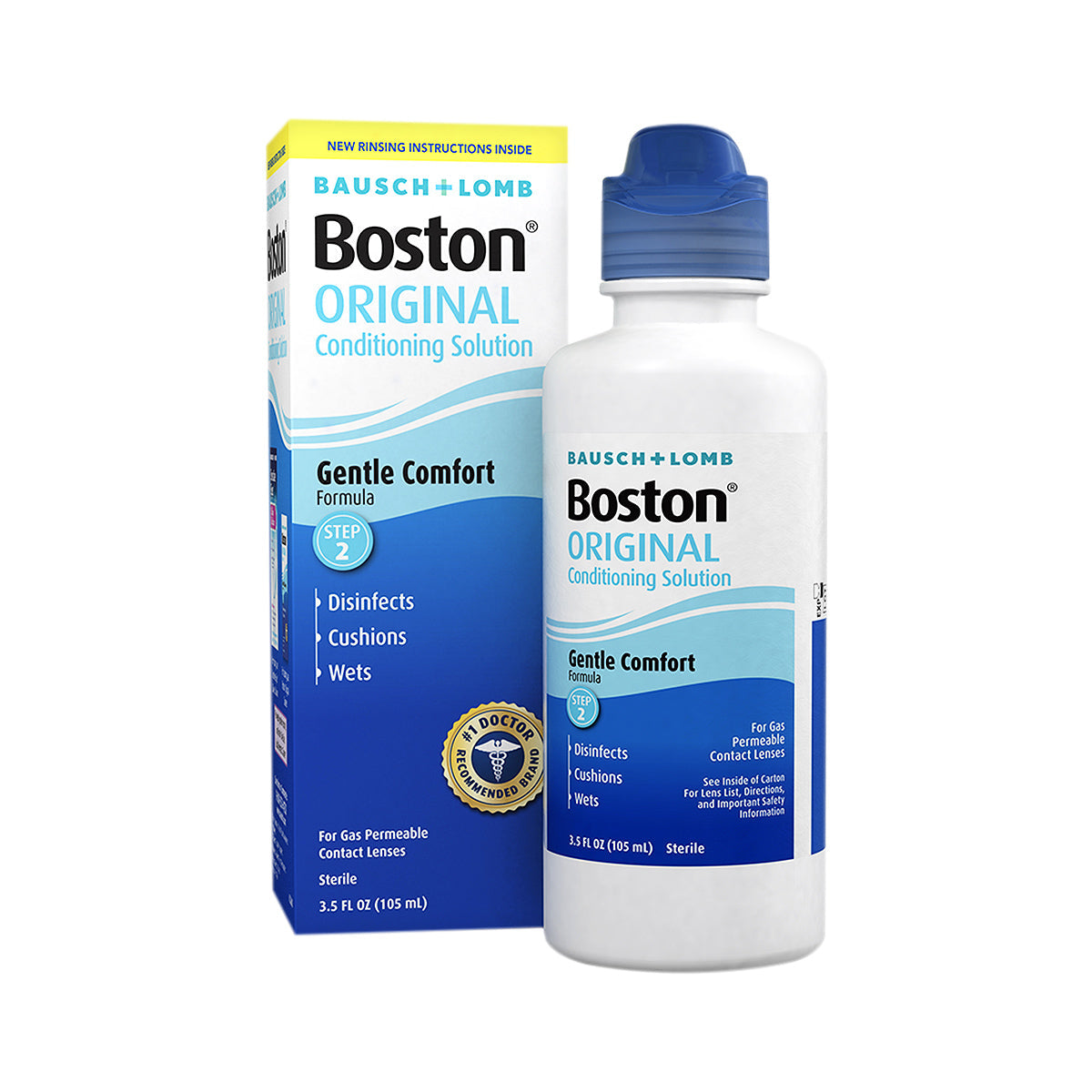 The image shows a box and bottle of Boston Original Conditioning Solution for RGP Contact Lenses (3.5 oz) by Bausch & Lomb. The light blue and white packaging emphasizes its gentle comfort formula, with the bottle featuring a matching blue cap for a cohesive appearance.