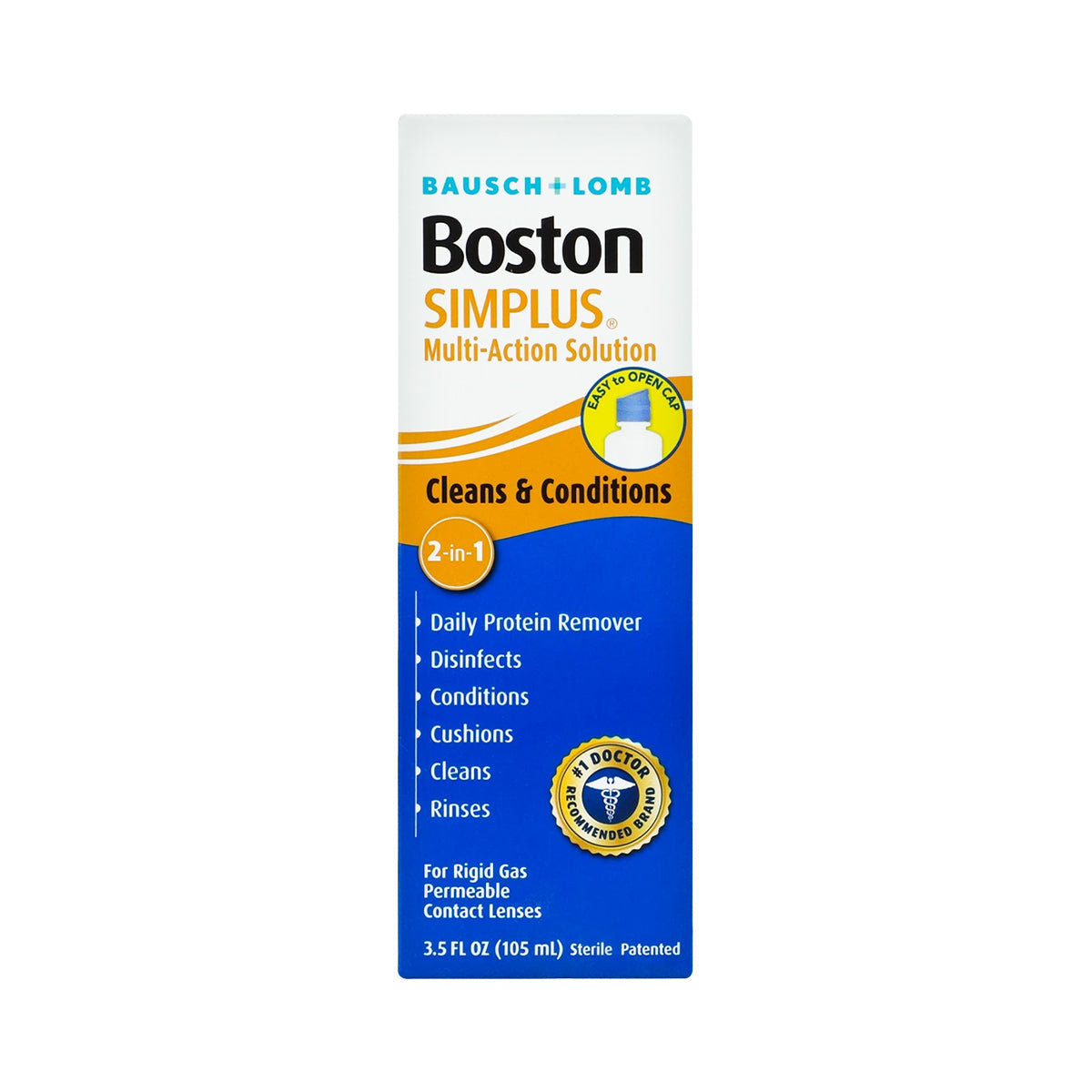 Image of a Boston Simplus Multi-action Rigid Gas Perm Solution box by Bausch + Lomb. This 3.5oz packaging highlights its 2-in-1 formula for cleaning, conditioning, disinfecting, and rinsing RGP and scleral lenses, featuring a Doctor Recommended seal.