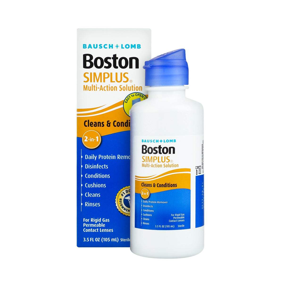 Image of a Bausch + Lomb Boston Simplus Multi-action Rigid Gas Perm Solution, 3.5oz box and bottle. The white packaging with blue and yellow accents highlights its 2-in-1 formula for cleaning, disinfecting, and conditioning RGP lenses, even those with Hydra-PEG coatings.