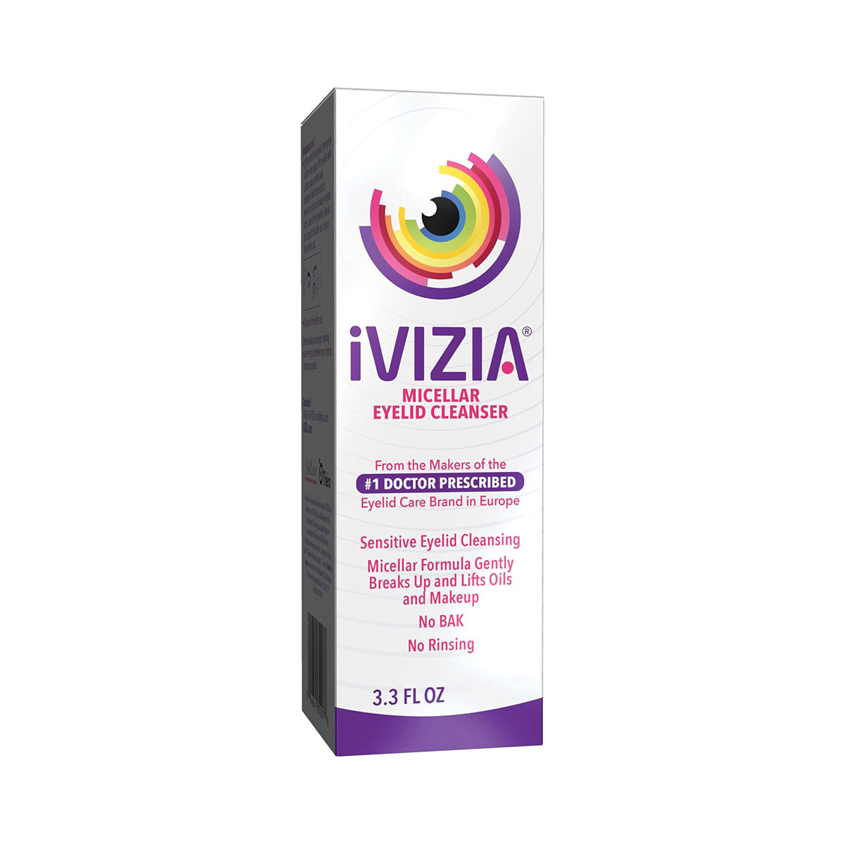 Image of a white box containing Theas 3.3 fl oz iVIZIA Micellar Eyelid Cleanser with colorful graphics highlighting its preservative-free, rinse-free formula that gently removes makeup and is Europe’s leading doctor-prescribed brand for eyelid hygiene.