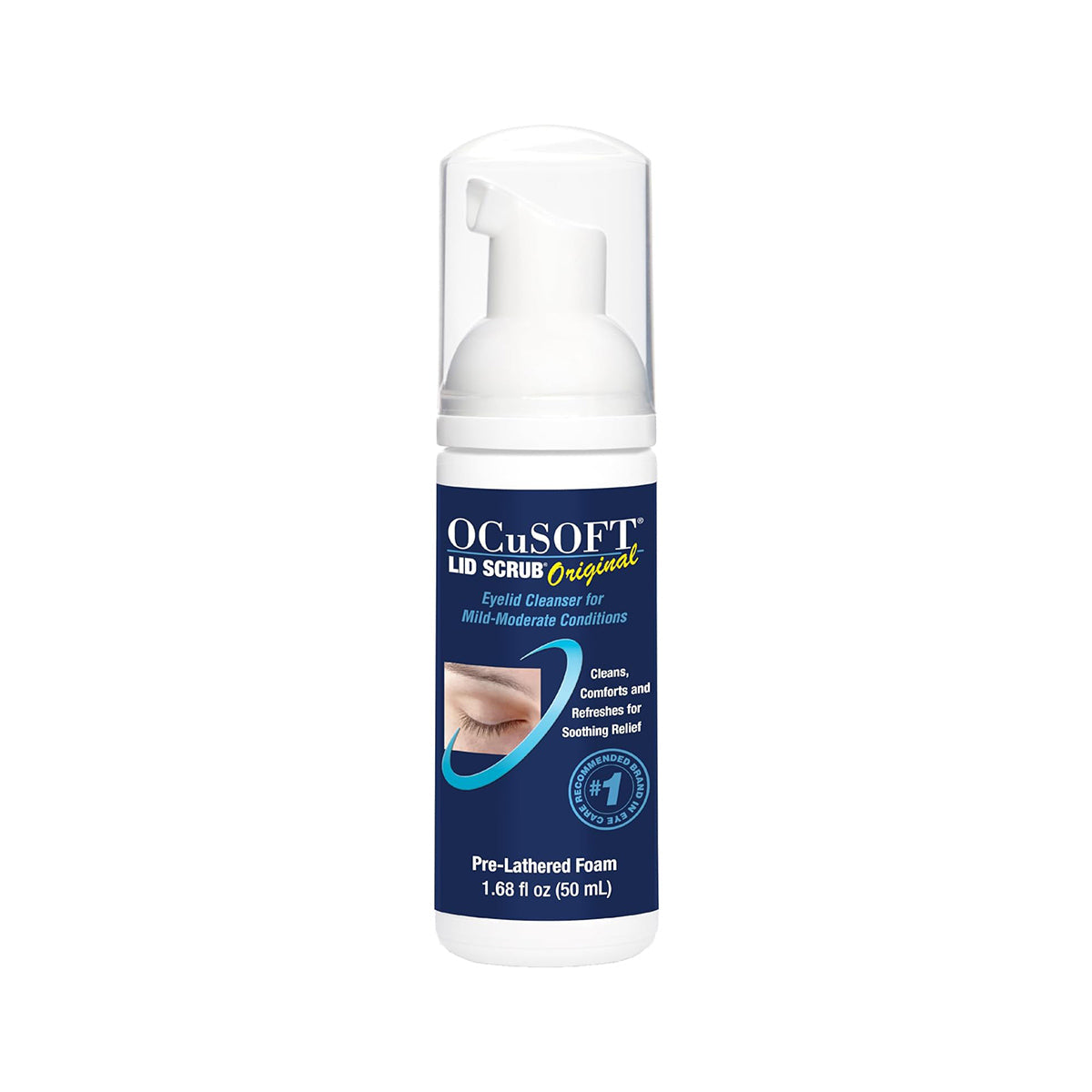 A 50 mL bottle of OCuSOFTs Ocusoft Lid Scrub Original Foaming Eyelid Cleanser offers a gentle foam for mild to moderate conditions, effectively emphasizing clean eyelids with its unique foaming pump dispenser.