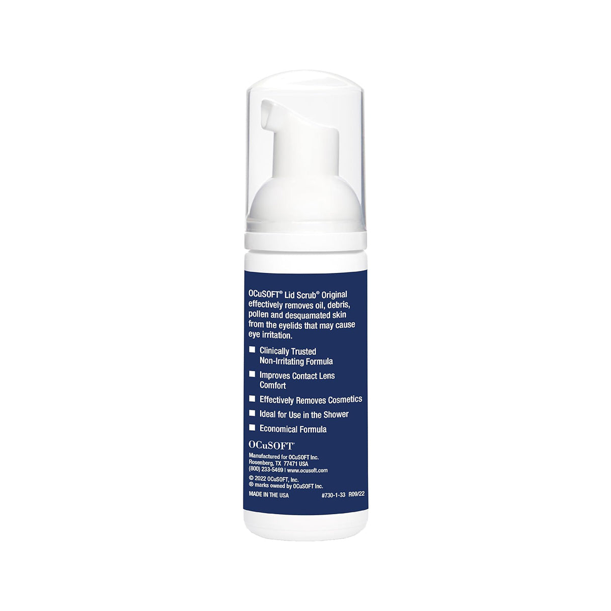 A white bottle of OCuSOFT Lid Scrub Original Foaming Eyelid Cleanser with a pump top, highlighting its non-irritating properties and benefits for contact lens users. Made in the USA, it effectively relieves eyelid irritation.