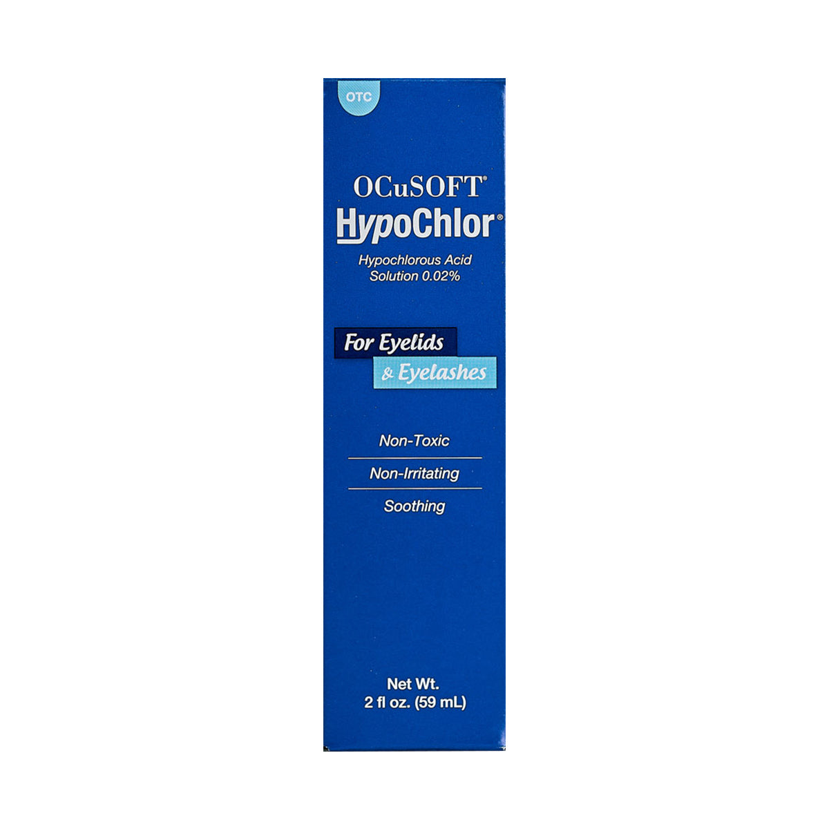 The OCuSOFT HypoChlor Spray Eyelid & Eyelash Cleaner (2 oz bottle) features blue packaging and a 0.02% hypochlorous acid formula, making it a soothing, non-toxic, non-irritating choice for maintaining clean eyelids and eyelashes.