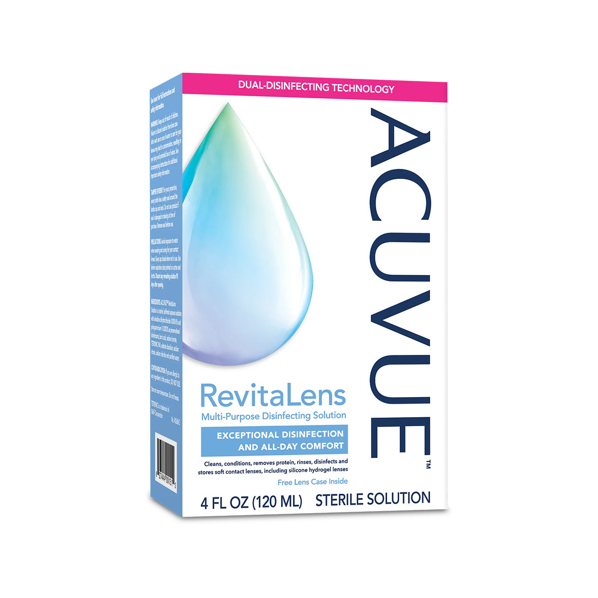 The image shows a Johnson and Johnson ACUVUE RevitaLens Multi-Purpose Solution (4oz + Lens Case), ideal for contact lenses. The package highlights its dual-disinfecting technology and all-day comfort, with 4 FL OZ (120 mL) sterile solution that fights bacteria effectively.