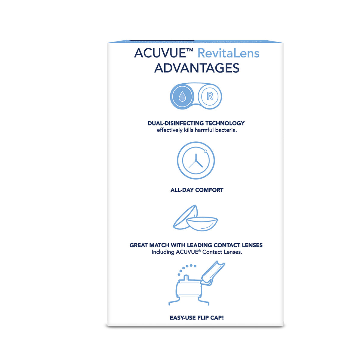 The Johnson and Johnson ACUVUE RevitaLens Multi-Purpose Solution (4oz + Lens Case) features a white box highlighting icons and text for dual-disinfecting technology, all-day comfort, compatibility with leading contact lenses, and an easy-to-use flip cap to help prevent bacteria.