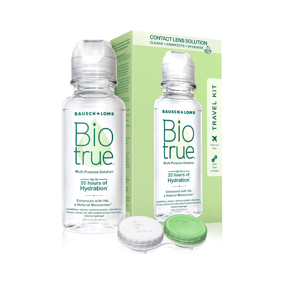 The image showcases the BioTrue Multipurpose Contact Lens Solution Travel Kit with case (2oz 60mL) by Bausch + Lomb, highlighting up to 20 hours of hydration, perfect for contact lenses and travel.