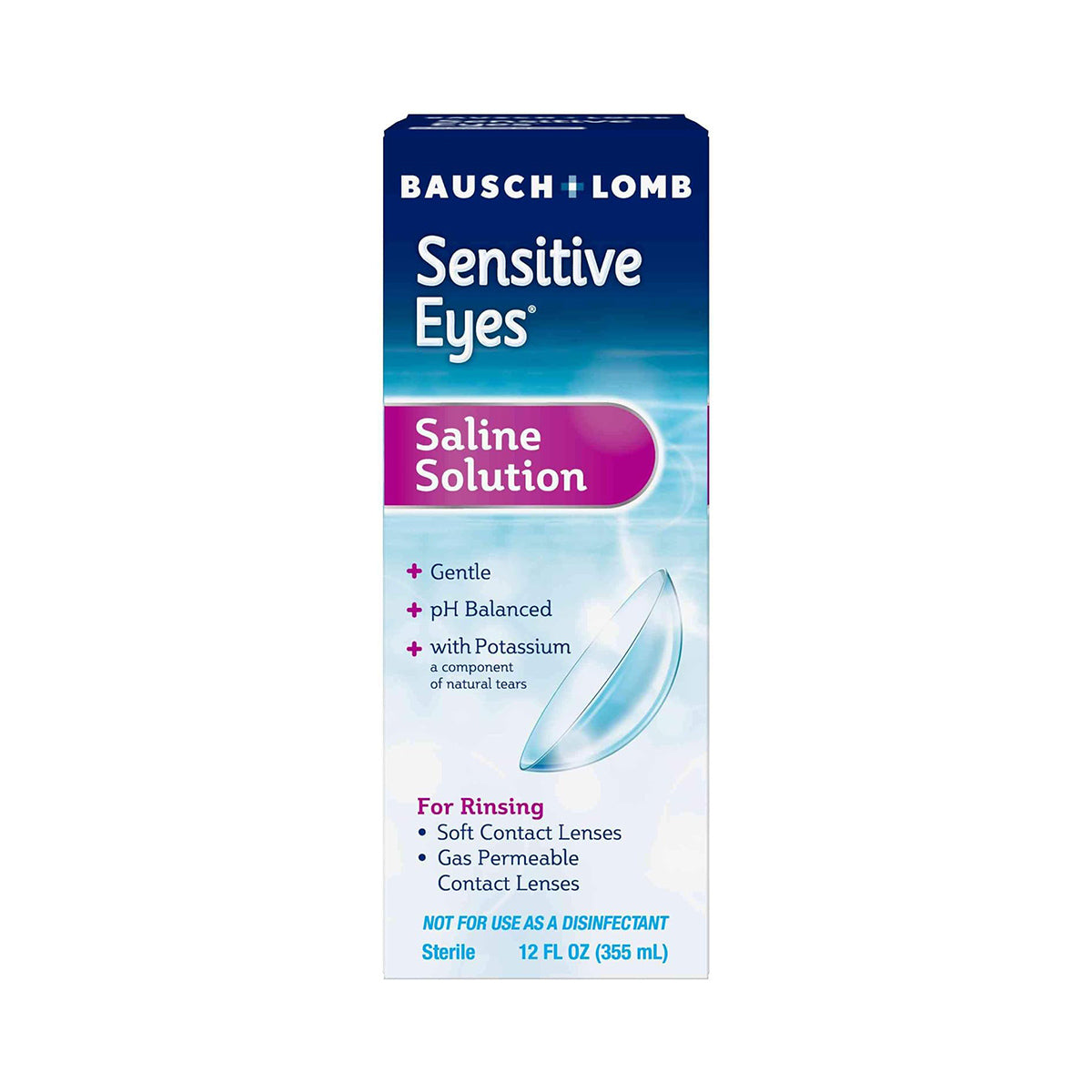 Bausch + Lomb Sensitive Eyes Saline Solution (12 oz) is ideal for rinsing soft and gas permeable lenses. Gentle and pH balanced, it ensures comfort with potassium enrichment for sensitive eyes. Note: This is not a disinfectant.