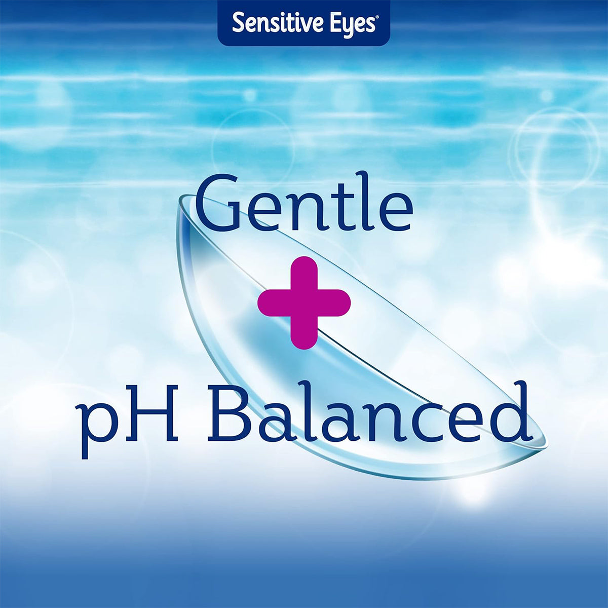 An ad for Bausch + Lomb Sensitive Eyes Saline Contact Lens Solution (12 oz) features a contact lens graphic with Gentle + pH Balanced on a blue, watery background, symbolizing gentleness and balance. Ideal for soft lenses, it pairs perfectly with our saline solution for optimal comfort.