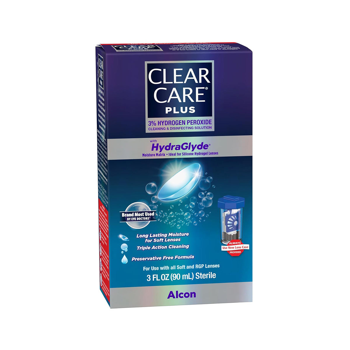 The Alcon Clear Care Plus Cleaning Solution with Hydraglyde comes in a 3oz travel size, featuring purple and blue packaging. It includes HydraGlyde moisture matrix and 3% hydrogen peroxide for disinfecting soft and RGP lenses, with a lens case included.