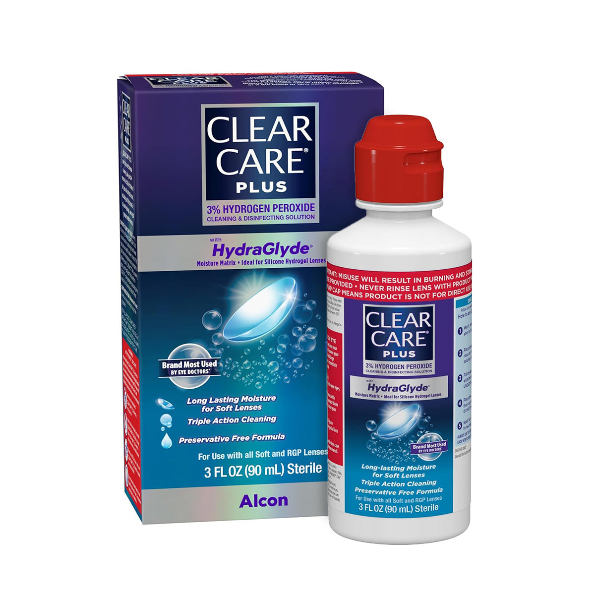 The Alcon Clear Care Plus Cleaning Solution with Hydraglyde, Travel Size (3 fl oz - 90 mL), features a blue box and red-capped bottle both adorned with a water splash image and white text.