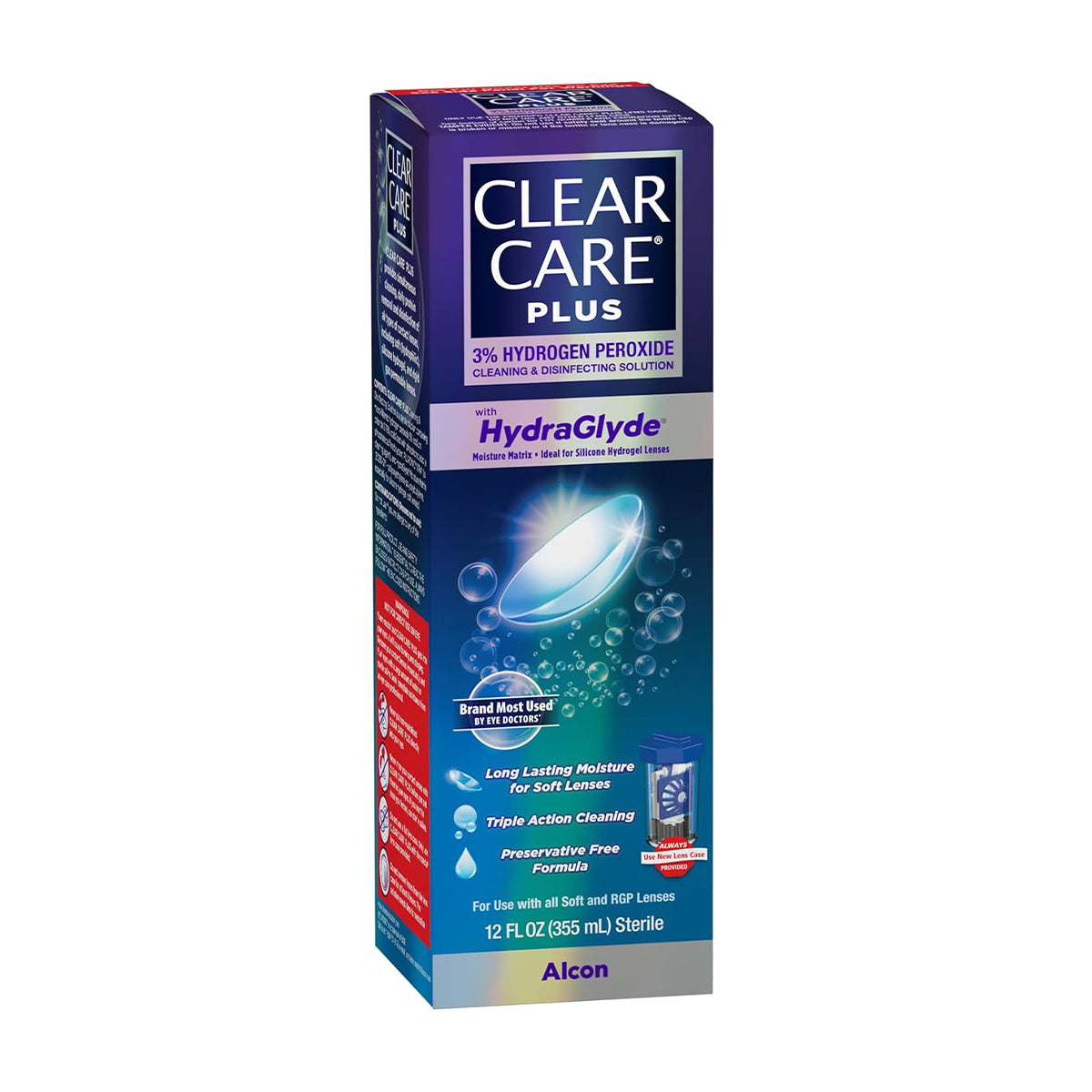 The Clear Care Plus Cleaning Solution with Lens Case by Alcon is a 12 oz bottle featuring 3% hydrogen peroxide cleaning. It offers benefits like moisture for soft lenses, triple-action cleaning, and is preservative-free.