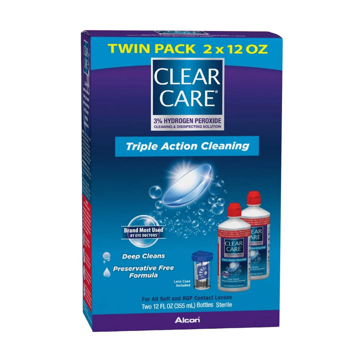 Image of Alcons Clear Care Plus Cleaning Solution with HydraGlyde Twin Pack featuring two 12 oz bottles. Packaging showcases Triple Action Cleaning with visuals of bottles, lens case, and bubbles, highlighting Deep Cleans and Preservative Free Formula.