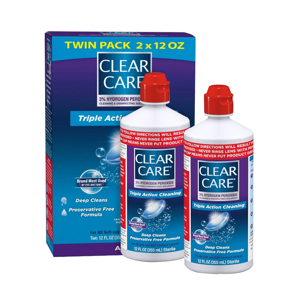 Image of Alcons Clear Care Plus Cleaning Solution with Hydraglyde Twin Pack, featuring two 12 oz bottles with Triple Action Cleaning and 3% hydrogen peroxide, set against a blue backdrop highlighting product details and instructions.