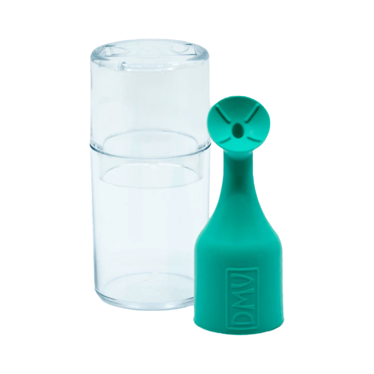 A transparent plastic cylinder is paired with a turquoise silicone piece, similar to an illuminated inserter, with a wide base and a top circular attachment featuring a cross groove. Raised lettering near the base resembles the DMV Luma-Serter design for contact lens insertion/removal.