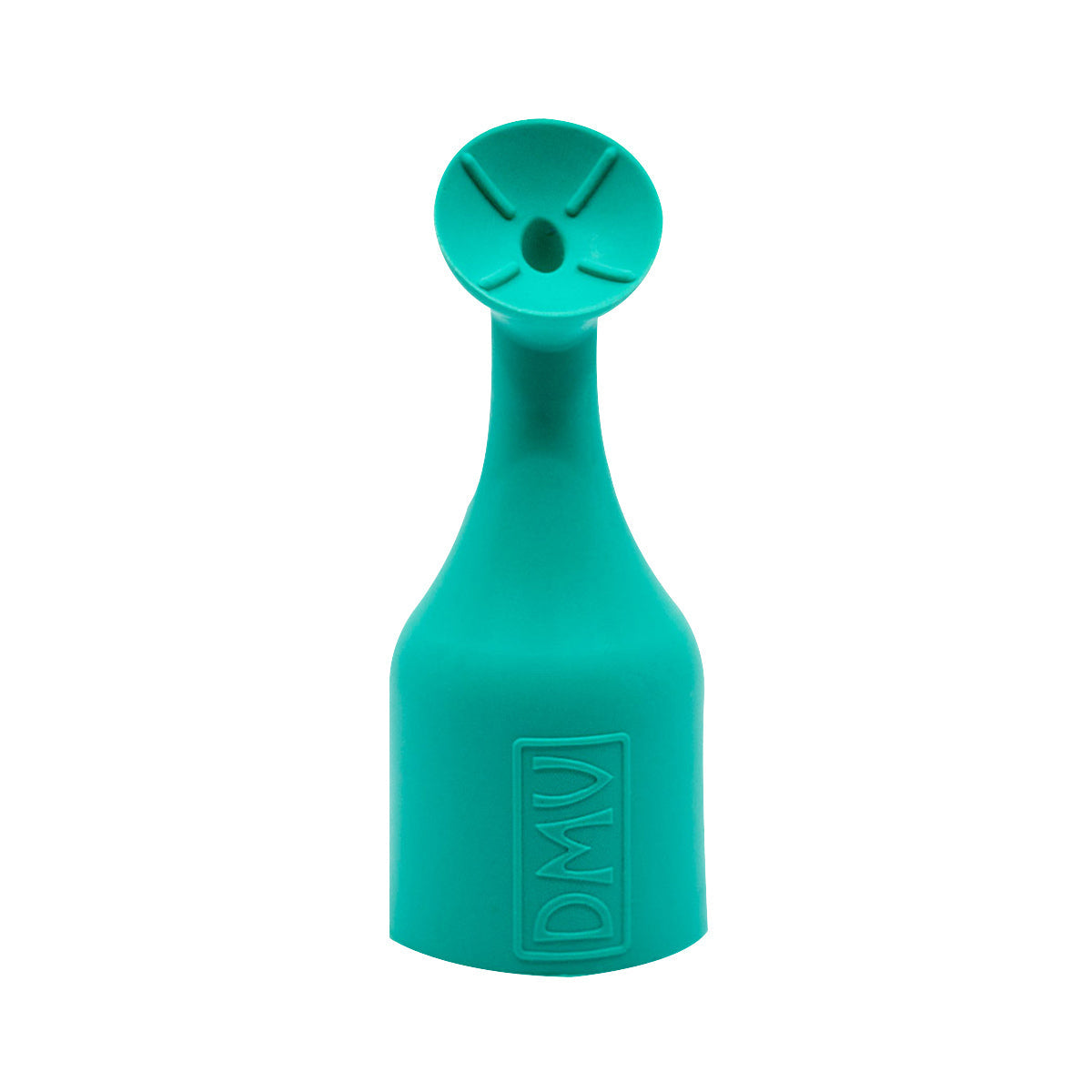 A turquoise silicone bottle stopper with a round, flared top and embossed lettering on the side features a simple, smooth design for sealing or pouring, akin to the precision of the DMV Luma-Serter Contact Lens Tool.