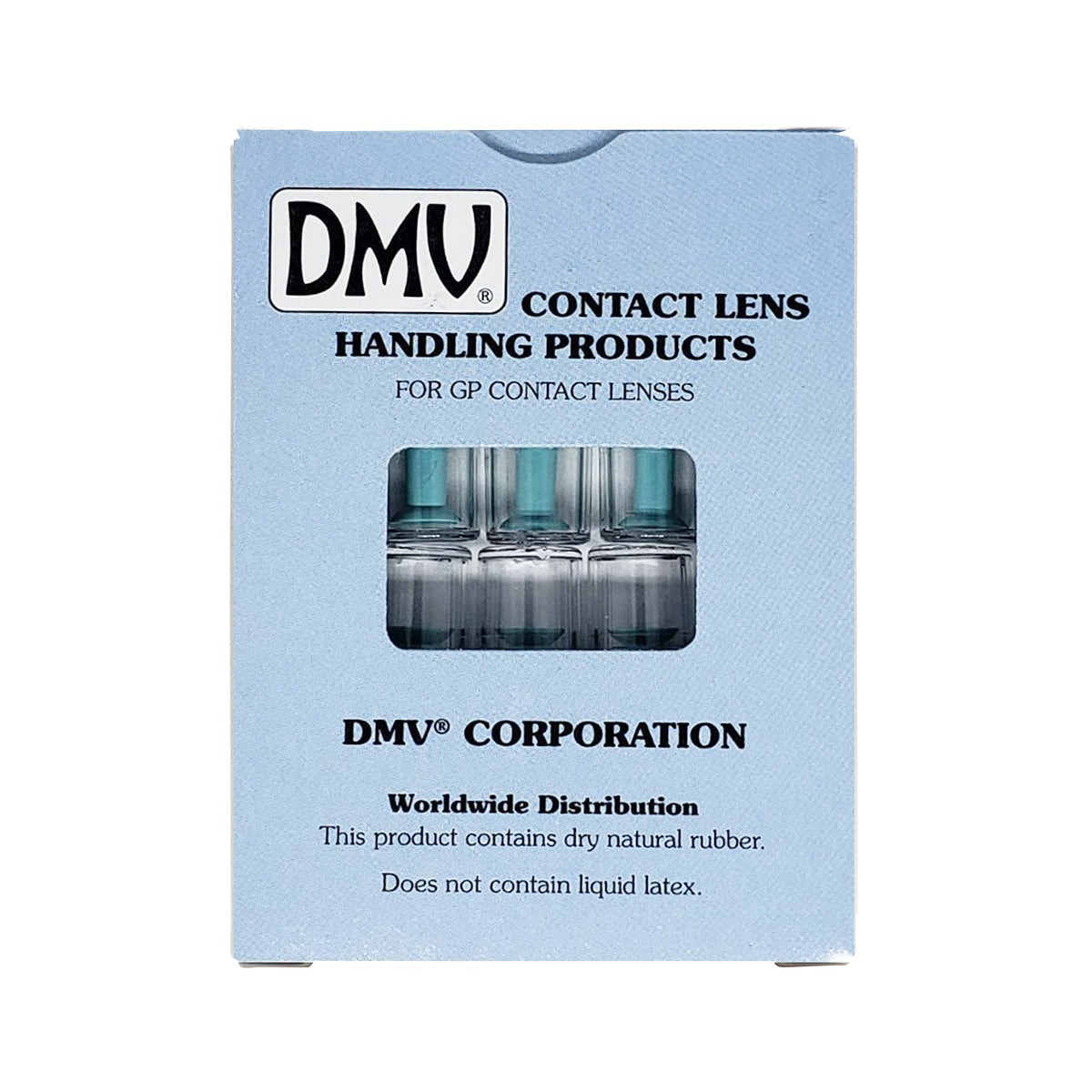 The DMV Ultra Hard Contact Lens Remover (10-Packs) is a blue box, designed for worldwide distribution, featuring a transparent section showing four containers with suction cup removers for gas permeable lenses. It does not contain liquid latex.