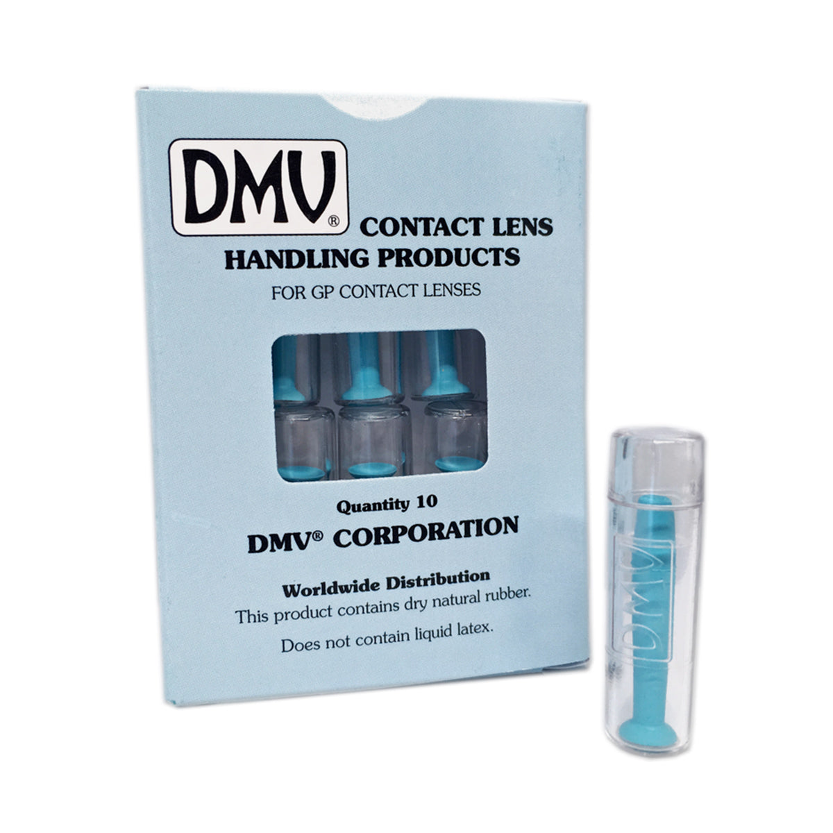 The DMV Ultra Hard Contact Lens Remover (10-Packs) box, adorned with blue text, houses a clear container showcasing the suction cup-designed remover tool for GP lenses. The box states it contains dry natural rubber and is free from liquid latex.