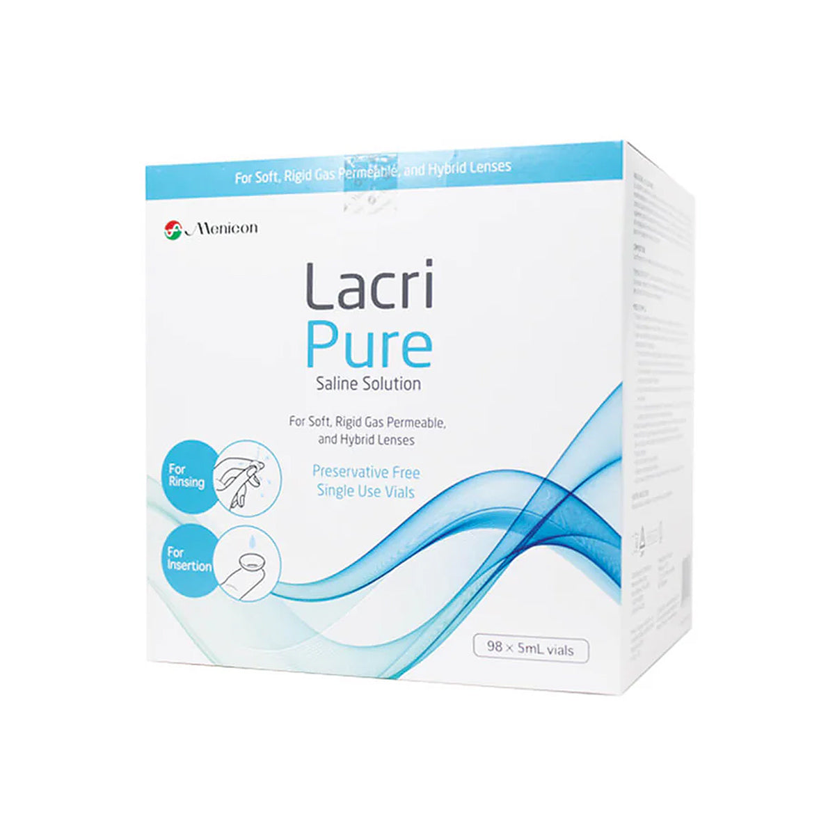 The image shows a box of Menicon Lacripure Sterile Saline Solution, ideal for rinsing and inserting soft, rigid gas permeable, and hybrid contact lenses. The white and blue packaging includes 98 single-use 5mL vials for scleral lenses.