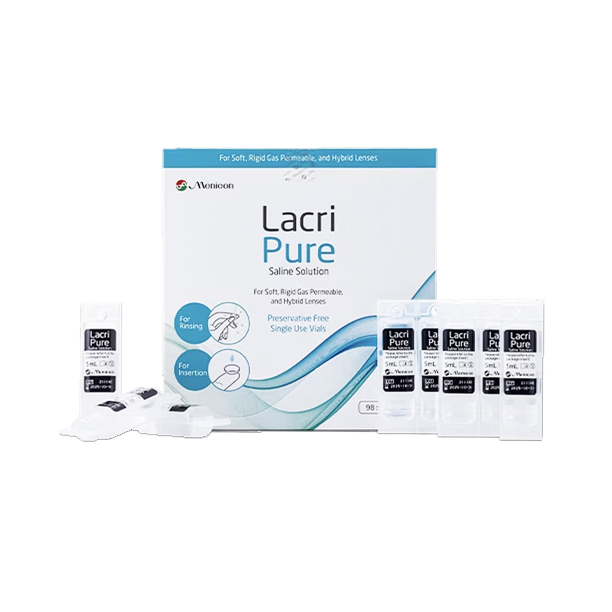 Image of Menicon Lacripure Sterile Saline Solution packaging: A box and several vials designed for scleral lenses. The box emphasizes its compatibility with soft, rigid gas permeable, and hybrid lenses and highlights a preservative-free saline formula.