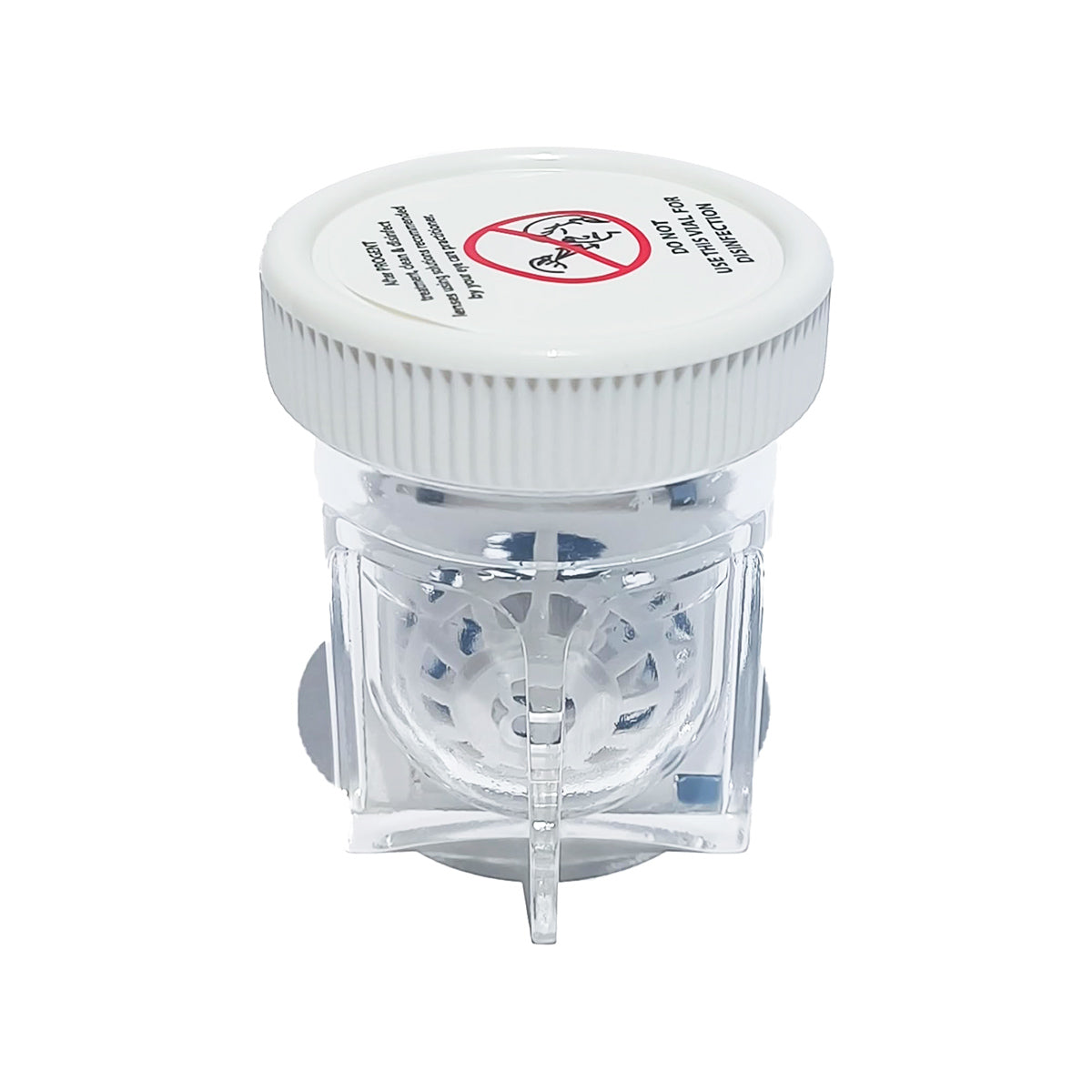 The PROGENT Menicon Large Diameter (Scleral) Lens Case is a clear plastic container with a white lid, marked with a warning symbol indicating its not for human use. Similar to Menicon Progent Protein Remover, it has slots for ventilation and a stable base in a non-vented barrel style.