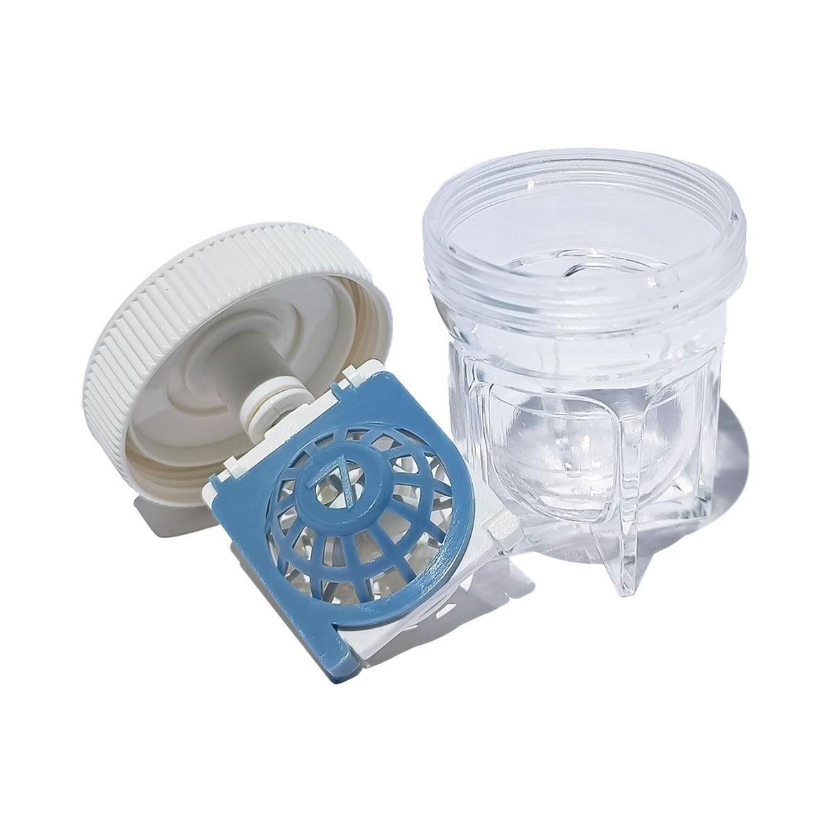 The Menicon PROGENT Large Diameter (Scleral) Lens Case, featuring a white plastic bottle cap and attached blue filter mechanism, is displayed next to a transparent ribbed container. Both items resemble non-vented barrel style contact lens cases and are set against a white background.