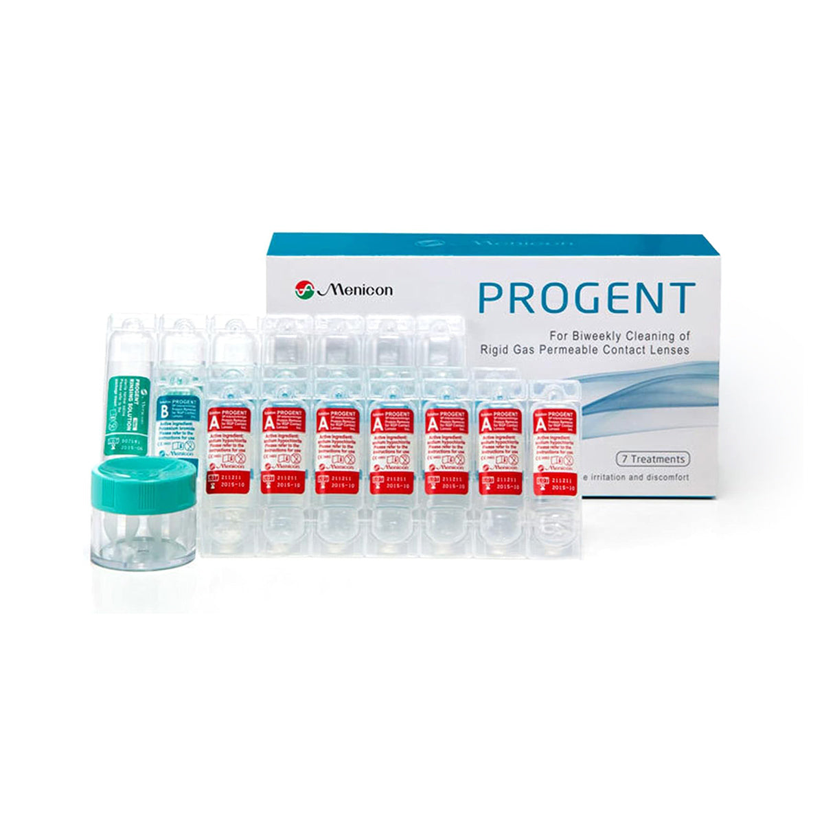 A Menicon Progent box for biweekly cleaning of rigid gas permeable lenses is displayed, with small solution vials and a green contact lens case in front, ready to effectively remove protein deposits.