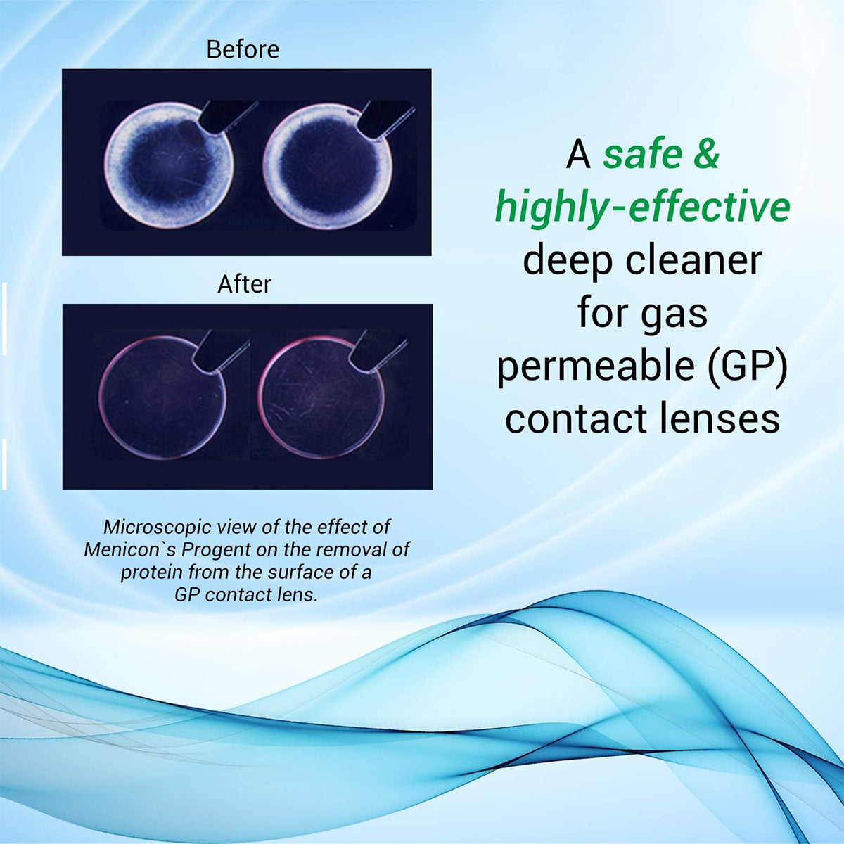 The microscopic view of gas permeable lenses shows the effectiveness of Menicon Progent Biweekly Contact Lens Cleaner in removing protein deposits. This safe deep cleaner offers 7 treatments and features abstract blue wave designs in the background.