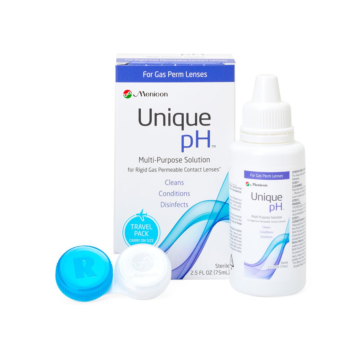 A 2.5 oz bottle of Menicon Unique pH Travel Kit Multi-purpose Solution for Gas Permeable Contact Lenses is displayed with its box, emphasizing cleaning, conditioning, and disinfecting abilities. A contact lens case is included to complete the efficient care system.