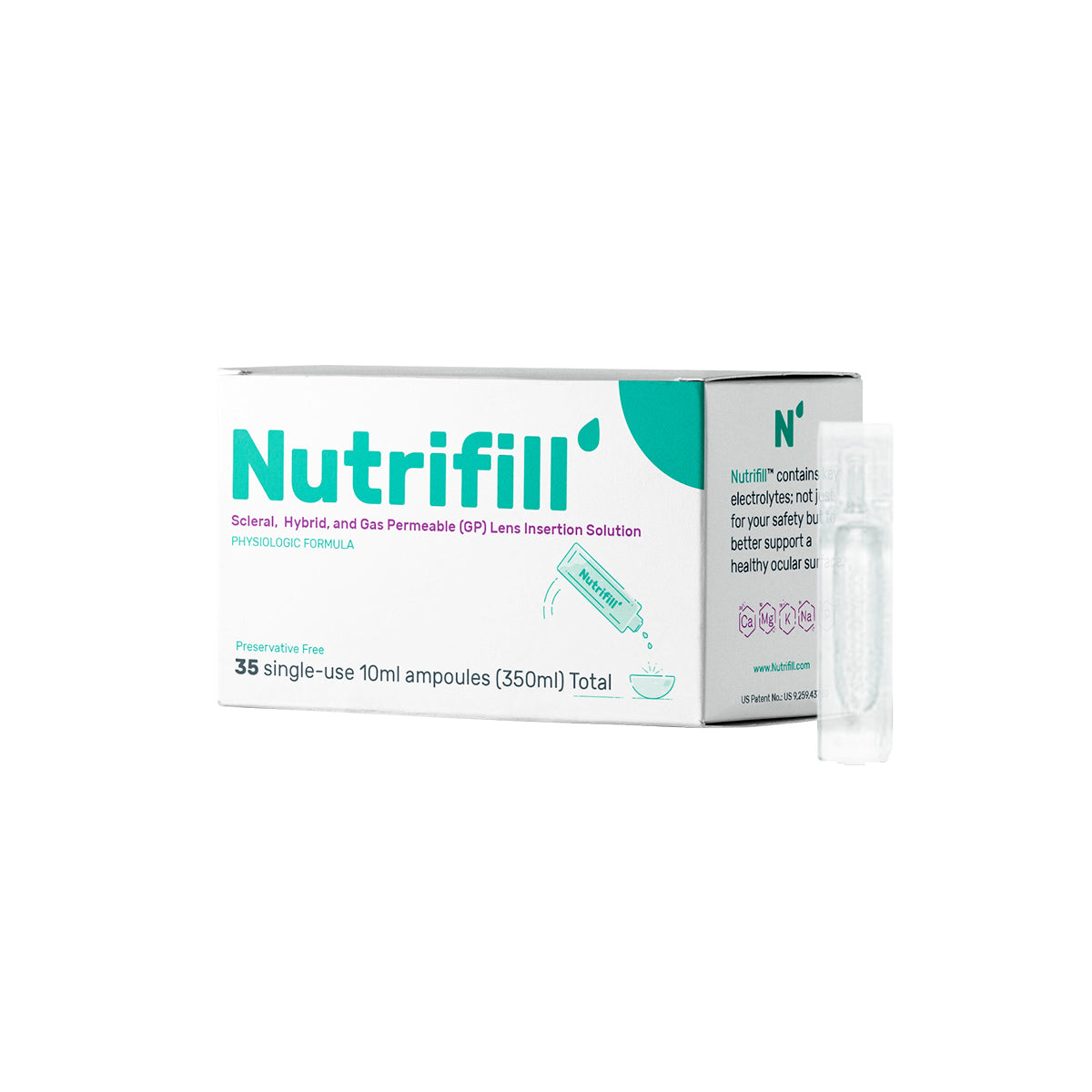 The Nutrifill Preservative Free Lens Insertion Saline Solution by Contamac features a predominantly white box with turquoise text and accents, illustrating a hand pouring the solution into a scleral lens. A single-use ampoule sits beside the packaging.