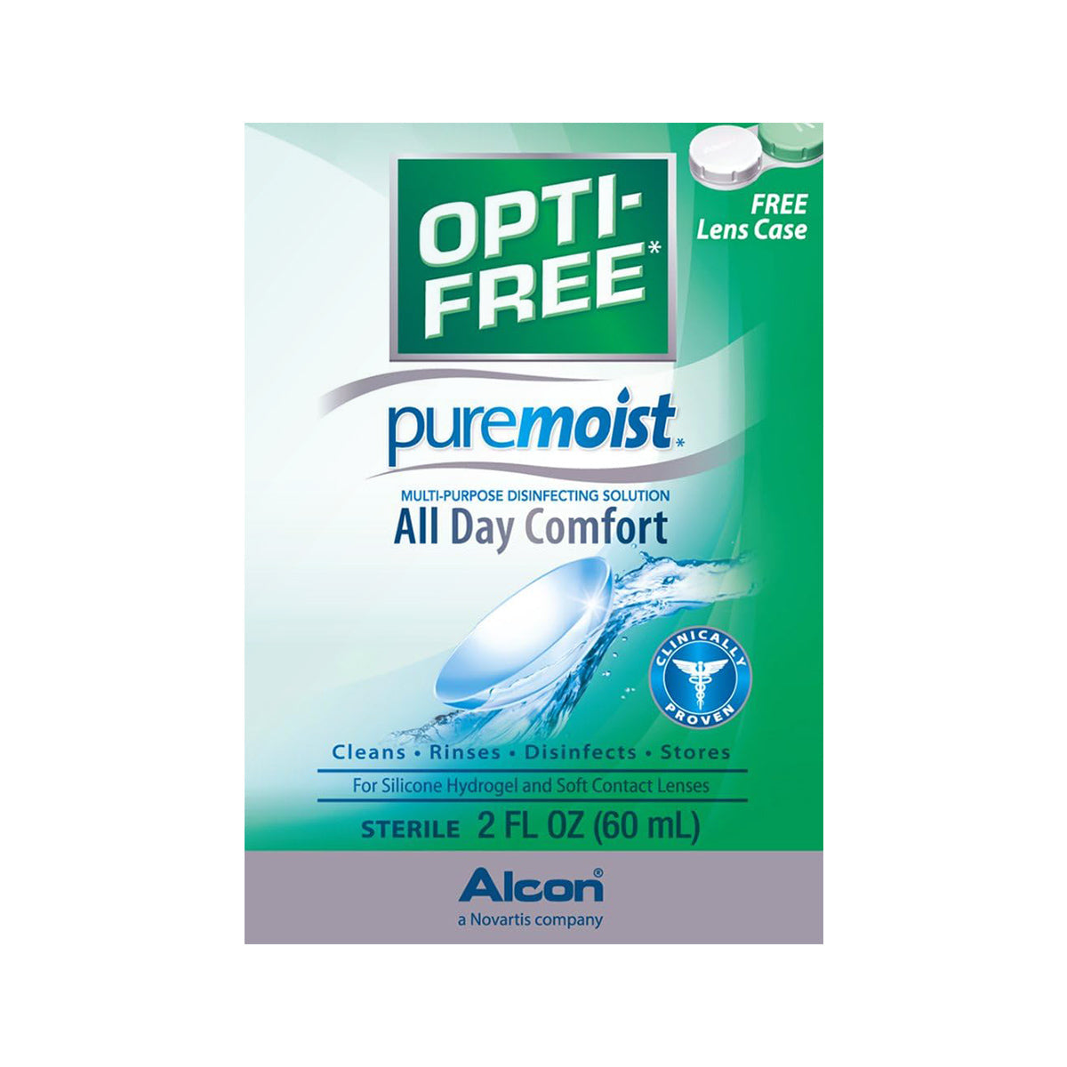 The Opti-Free with Pure Moist Disinfecting Lens Solution by Alcon features All Day Comfort and includes a free lens case. Its designed for silicone hydrogel and soft lenses, utilizing HydraGlyde Moisture Matrix technology. Travel size: 2 FL OZ (60 mL).