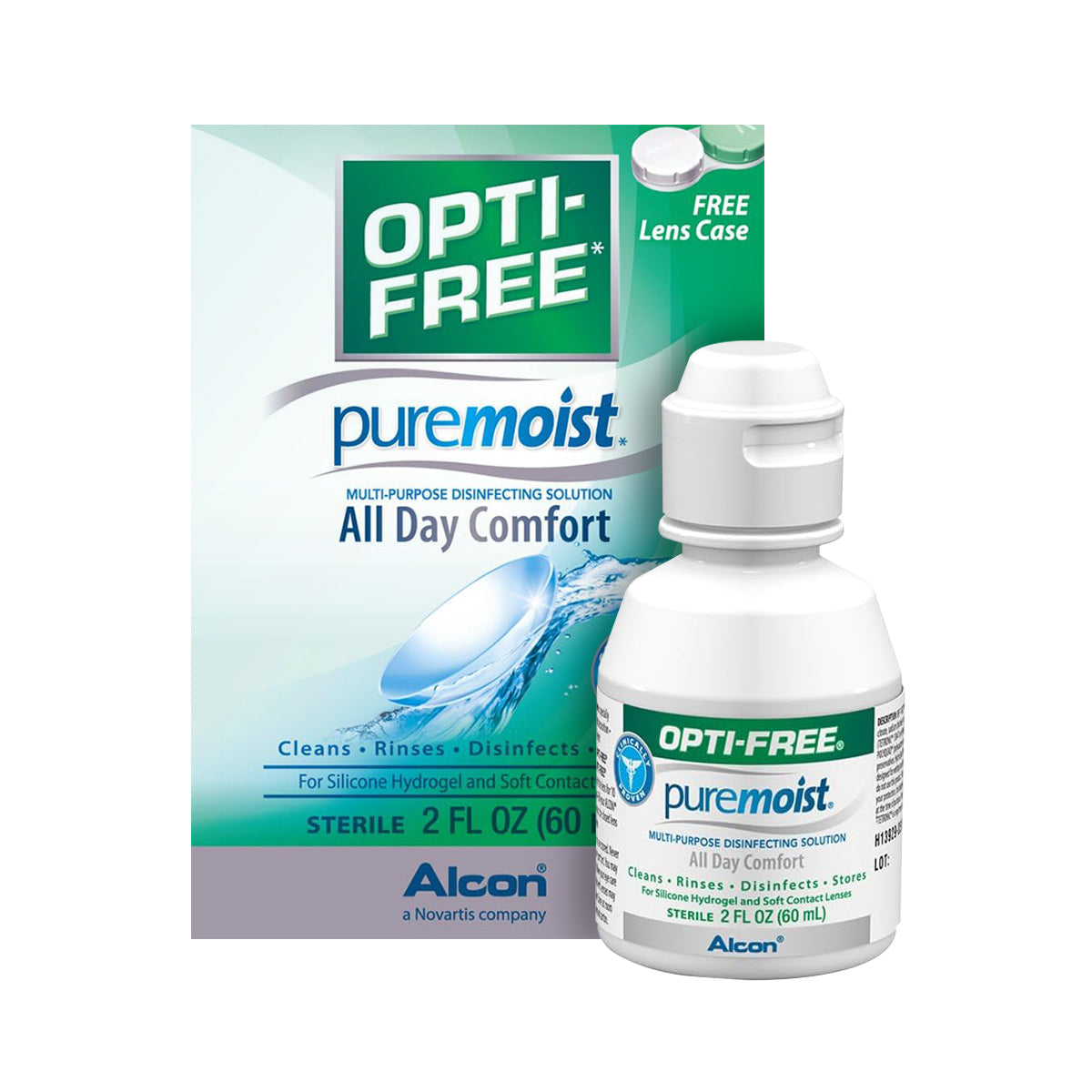 The Alcon Opti-Free Pure Moist Disinfecting Contact Lens Solution with Case (2oz) features a HydraGlyde Moisture Matrix for hydration, All Day Comfort, and comes in blue and green packaging with water droplet graphics.