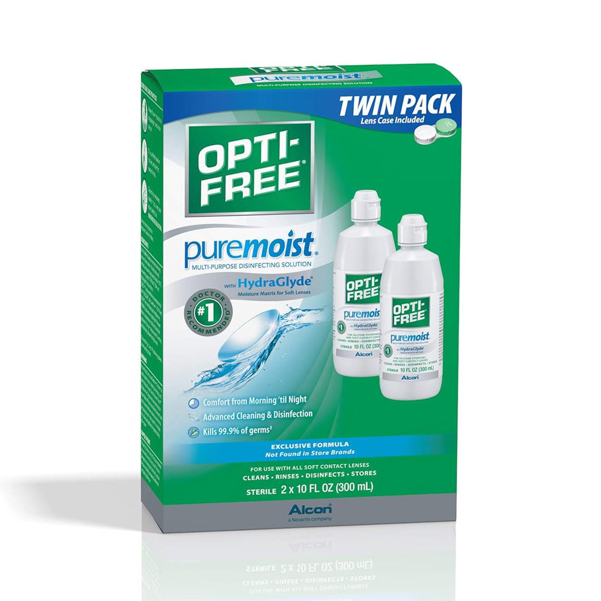 Alcon’s Opti-Free Puremoist Multi-Purpose Disinfecting Solution offers two 10 oz bottles featuring HydraGlyde Moisture Matrix for optimal hydration, kills 99.9% of germs, and comes with a lens case for convenience.