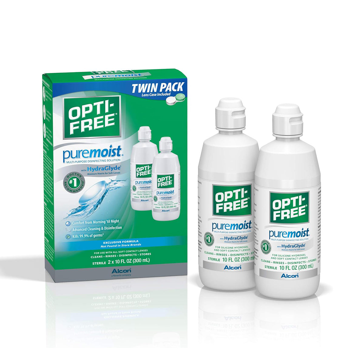 Alcons Opti-Free Puremoist Multi-Purpose Disinfecting Solution twin pack includes two 10 fl oz bottles with HydraGlyde Moisture Matrix and lens case, in vibrant green and blue packaging.