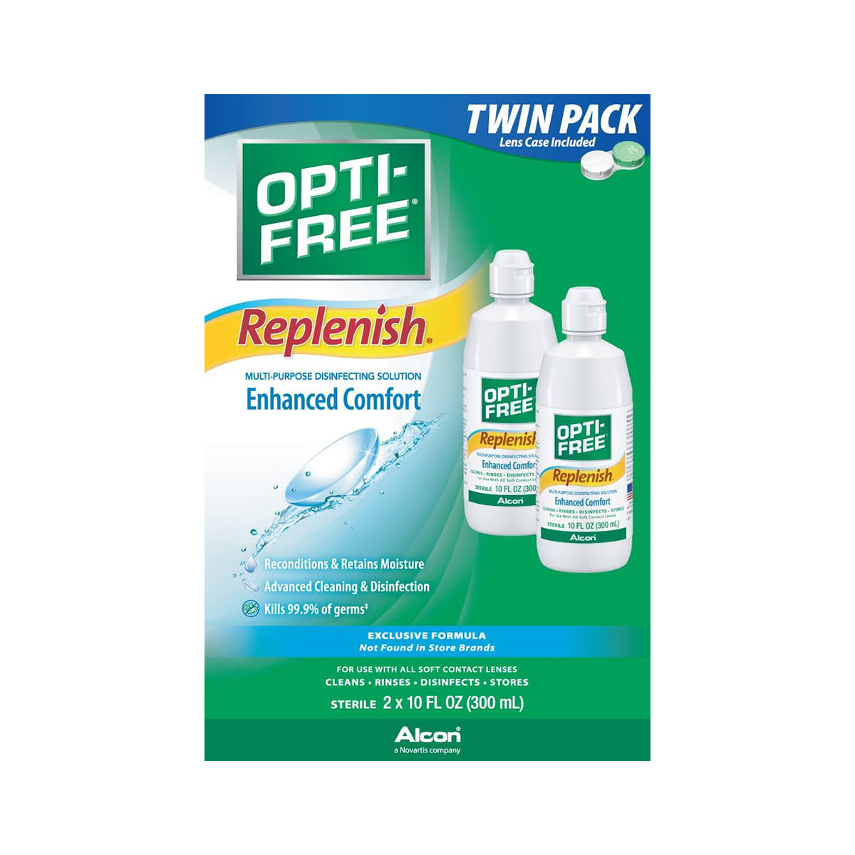 The Alcon Opti-Free Replenish Multi-Purpose Disinfecting Solution twin pack offers two 10 fl oz bottles with a lens case. It features the HydraGlyde Moisture Matrix for enhanced comfort, highlighting its disinfecting and moisturizing benefits.