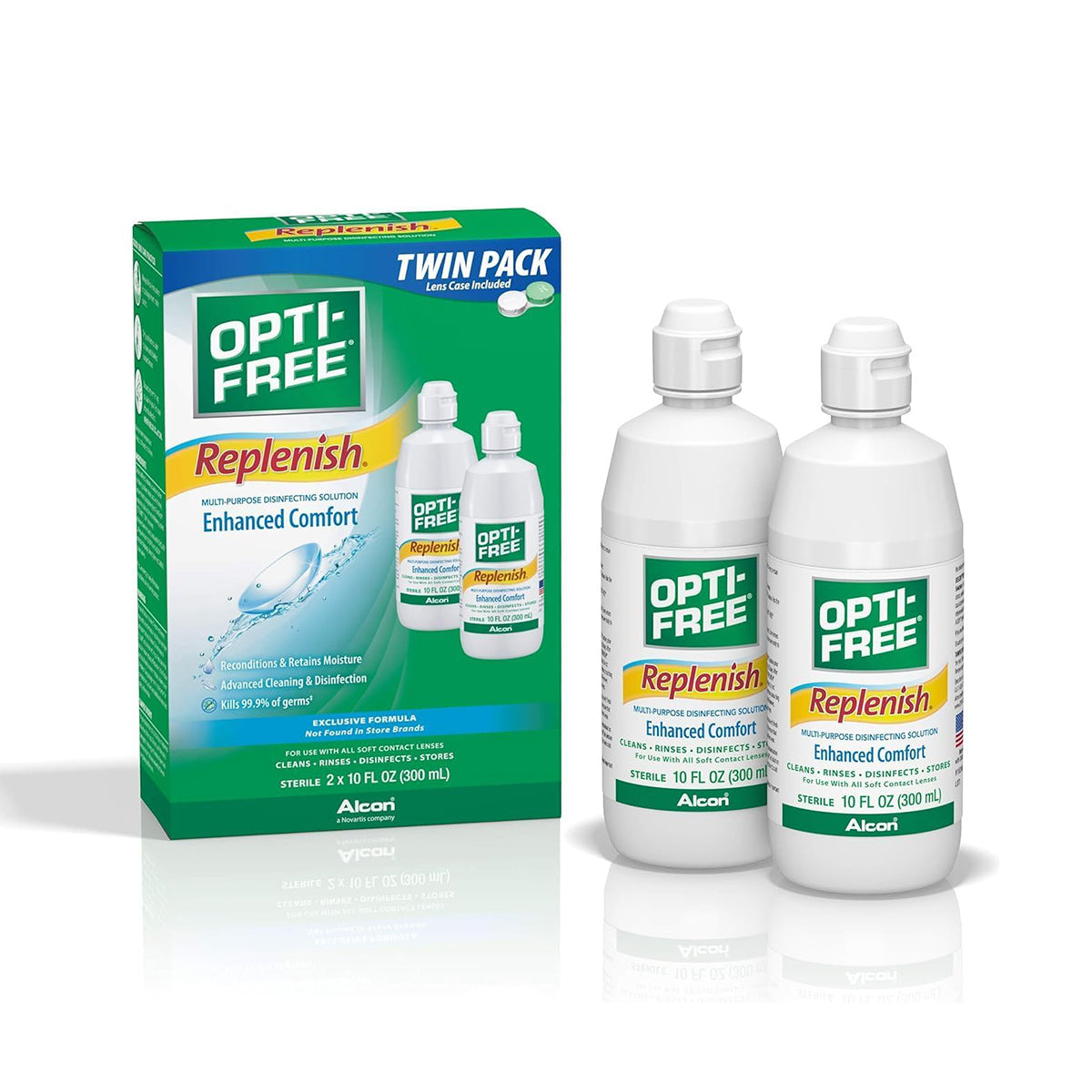 The twin pack of Opti-Free Replenish Multi-Purpose Disinfecting Solution offers 20 fl oz (two 10 fl oz bottles) for enhanced lens comfort with HydraGlyde Moisture Matrix. Alcon is prominently featured, with packaging that highlights Enhanced Comfort and uses green and blue accents.