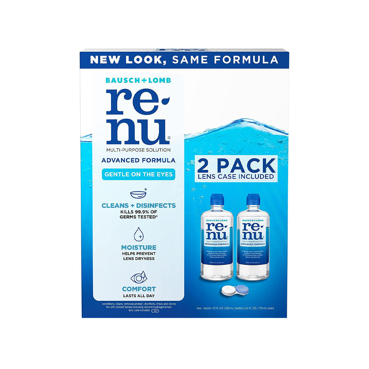 The Bausch + Lomb Renu Advanced Contact Lens Solution features a sleek white and blue design, includes two 12 fl oz bottles, a lens case, and highlights the gentle multi-purpose solutions cleaning, disinfecting, and moisturizing benefits for soft contact lenses.