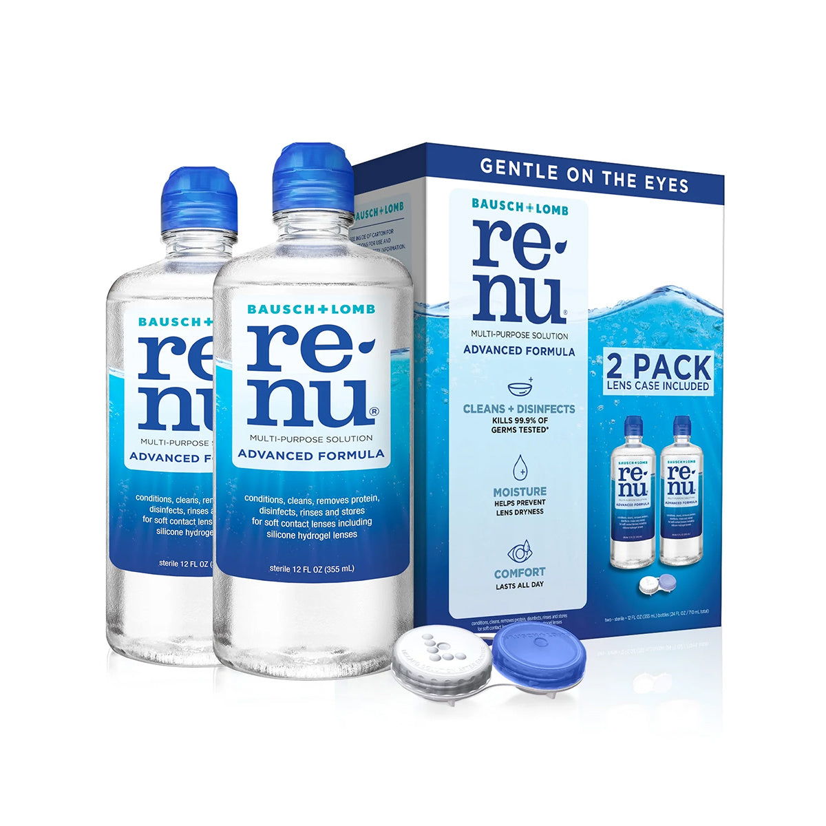 The image shows two Bausch + Lomb Renu Advanced Contact Lens Solution bottles (12 fl oz each) with blue caps, a matching box, and a blue and white contact lens case, highlighting its gentle cleaning and disinfecting for soft contact lenses.